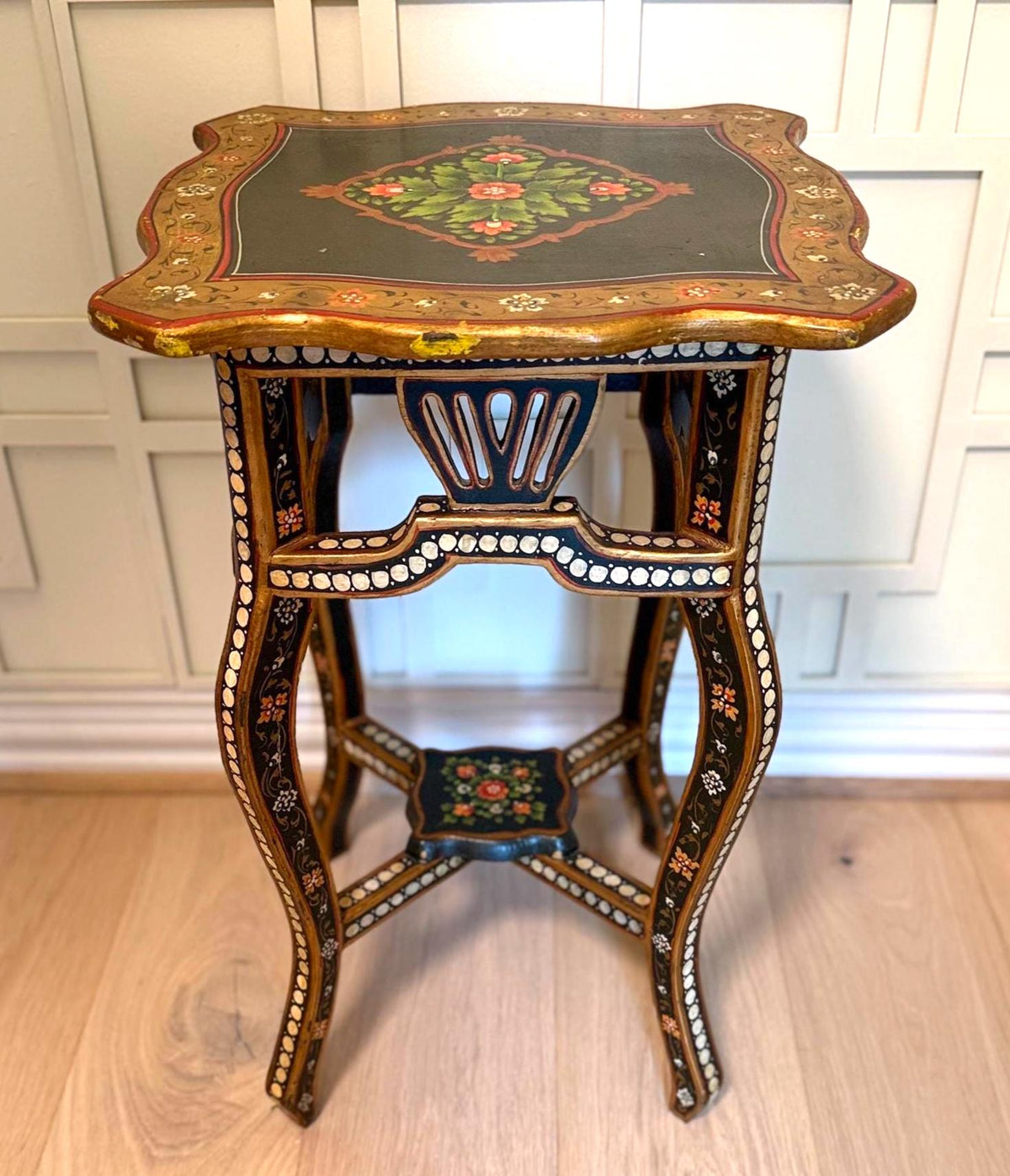Vintage Indian Kashmiri Hand Painted Side Table, Circa 1960s, Floral Lacquer Accent Table, Indo Persian Decor