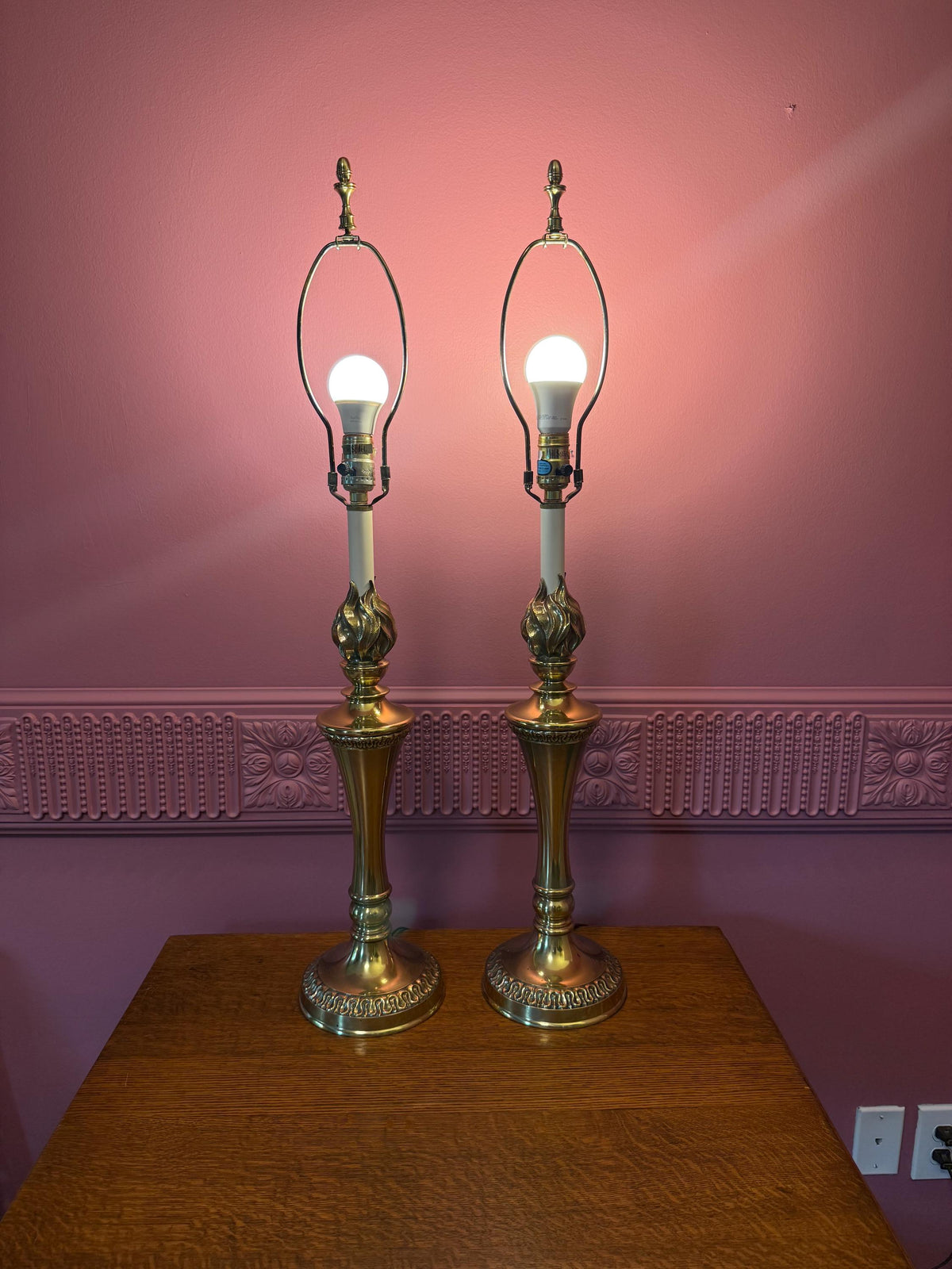 Vintage Stiffel Brass Torch Table Lamps, Attributed Pair | Hollywood Regency Neoclassical Lamps c. 1960s