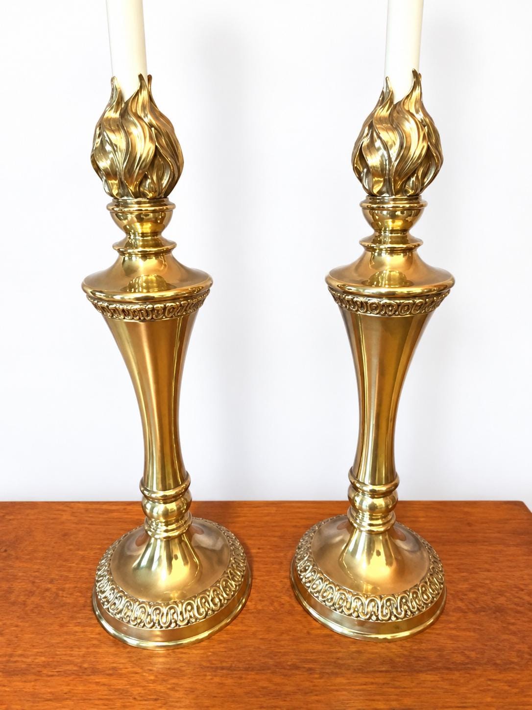 Vintage Stiffel Brass Torch Table Lamps, Attributed Pair | Hollywood Regency Neoclassical Lamps c. 1960s
