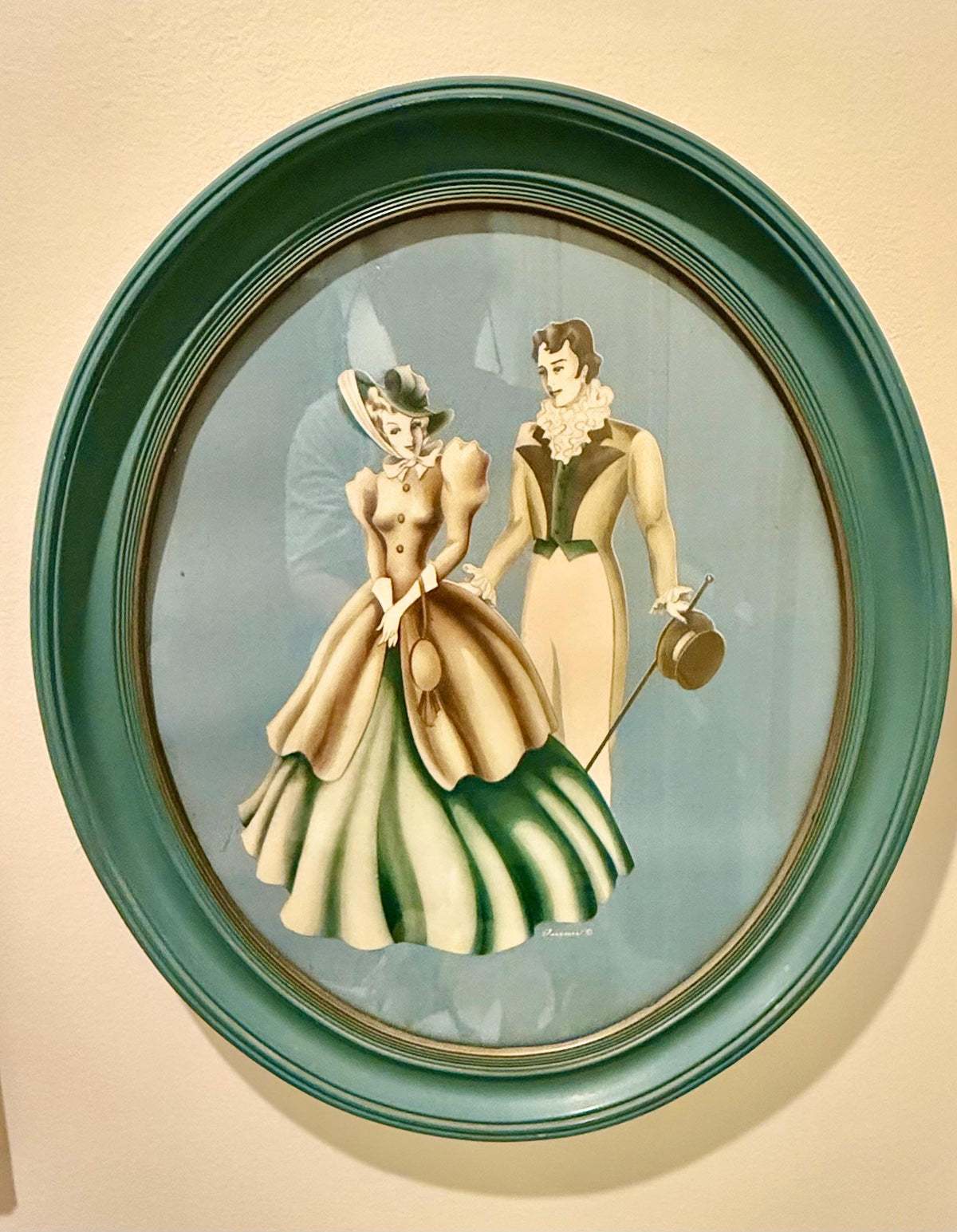 Vintage 1950s Oval Regency Revival Couple Print in Teal Green & Gold Frame  Hollywood Regency Wall Art