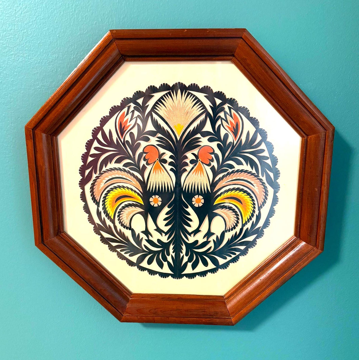 Vintage Polish Wycinanki Rooster Folk Art Framed Paper Cutting, Octagonal Wood Frame, 1970s European Wall Art