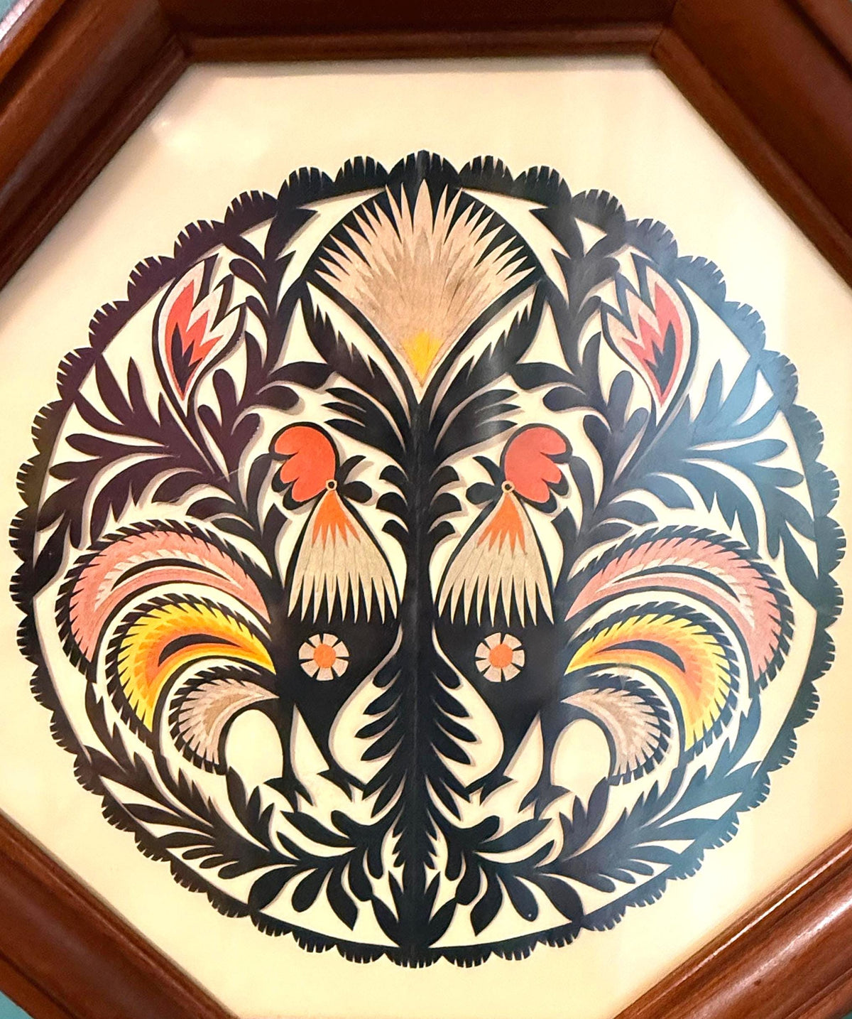 Vintage Polish Wycinanki Rooster Folk Art Framed Paper Cutting, Octagonal Wood Frame, 1970s European Wall Art