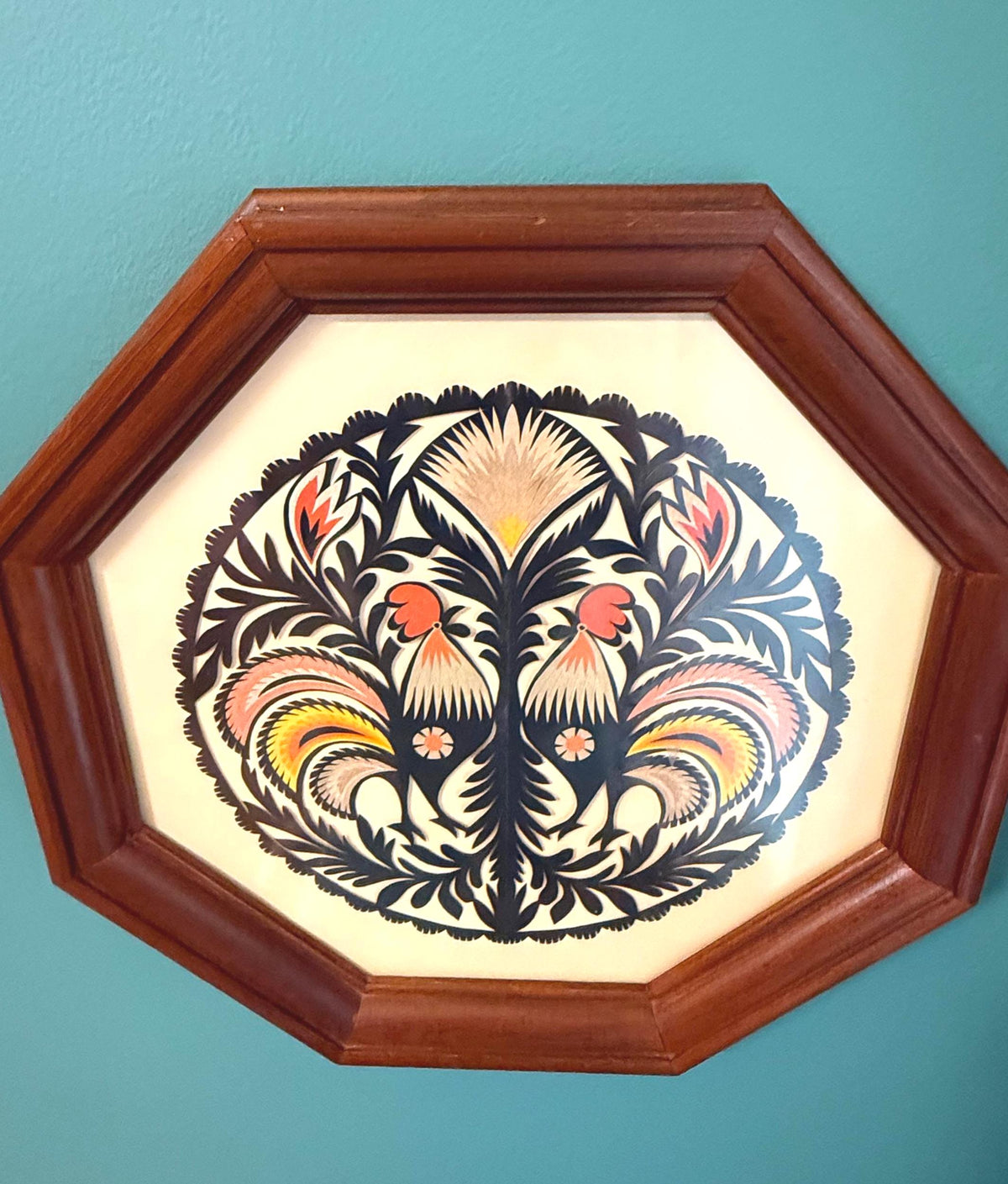 Vintage Polish Wycinanki Rooster Folk Art Framed Paper Cutting, Octagonal Wood Frame, 1970s European Wall Art