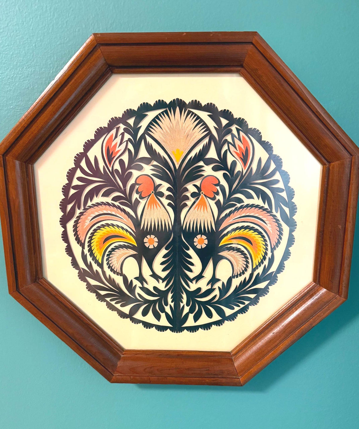 Vintage Polish Wycinanki Rooster Folk Art Framed Paper Cutting, Octagonal Wood Frame, 1970s European Wall Art