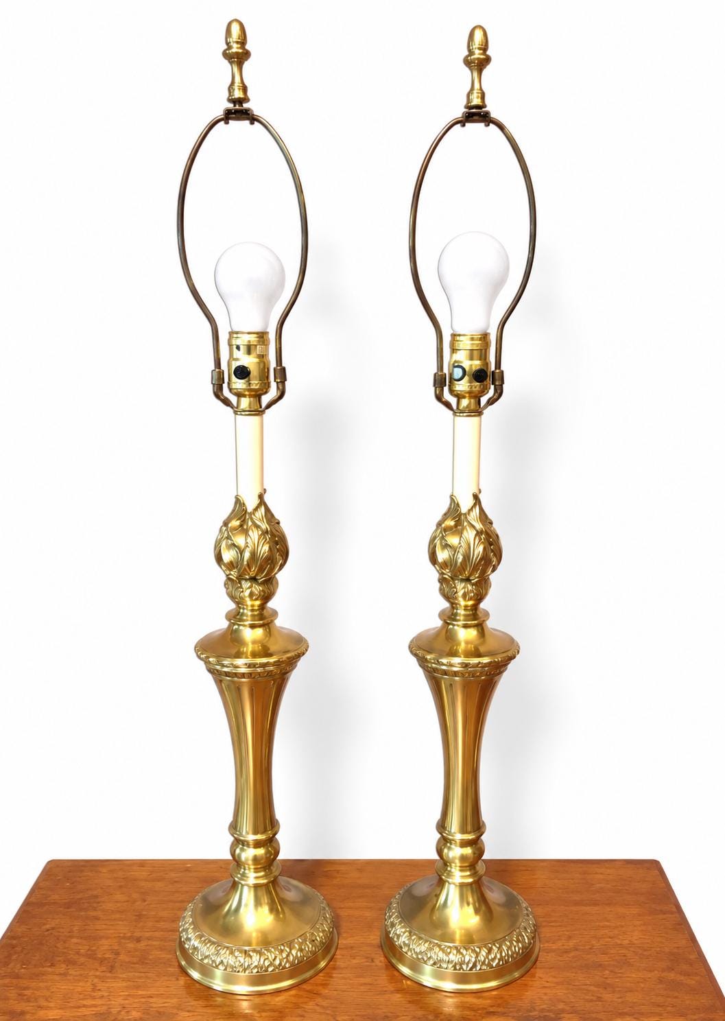 Vintage Stiffel Brass Torch Table Lamps, Attributed Pair | Hollywood Regency Neoclassical Lamps c. 1960s