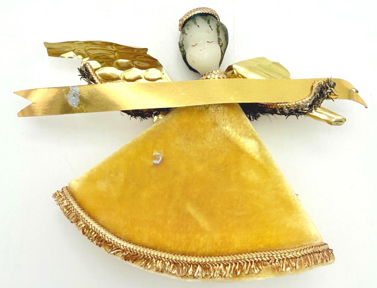 Vintage Koestel Wax Face Angel Christmas Ornament  Gold Velvet & Metallic Foil  Mid Century Holiday Decor  4"