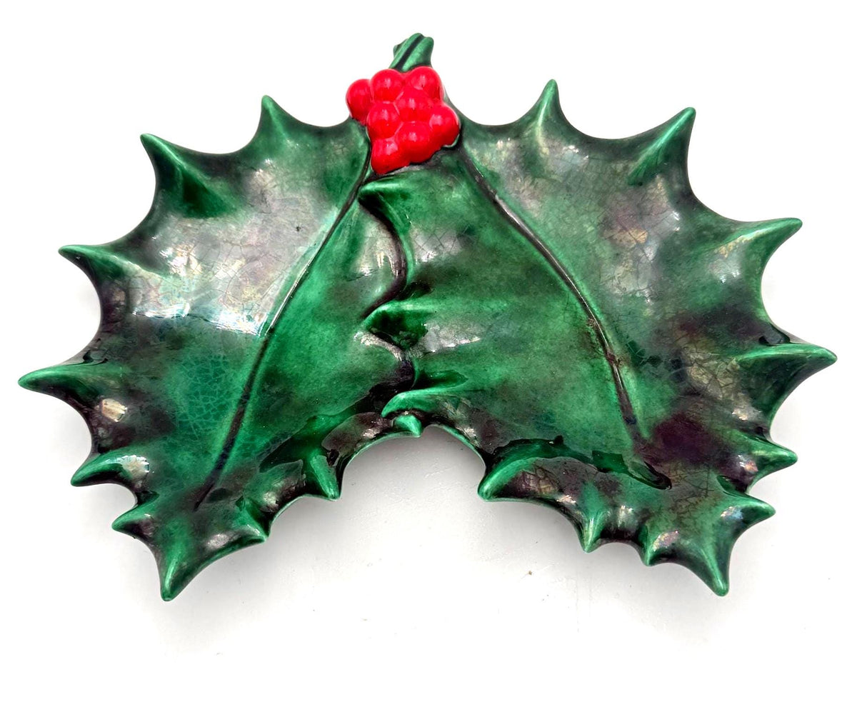 Vintage Ceramic Holly Leaf and Red Berry Christmas Decoration, Sculptural Holiday Décor