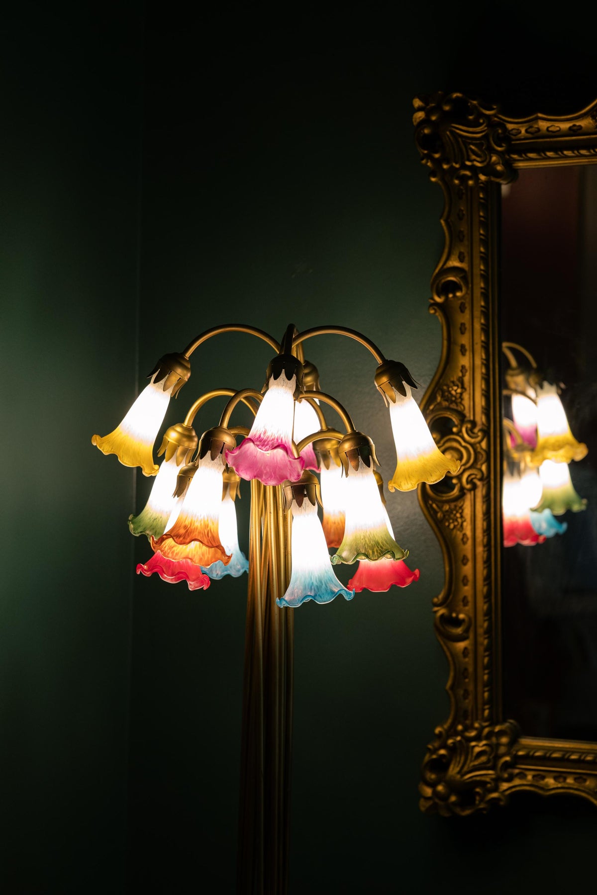 Vintage 1970s Hollywood Regency Floral Floor Lamp With Colorful Glass Shades, Gold Sculptural Statement Lamp