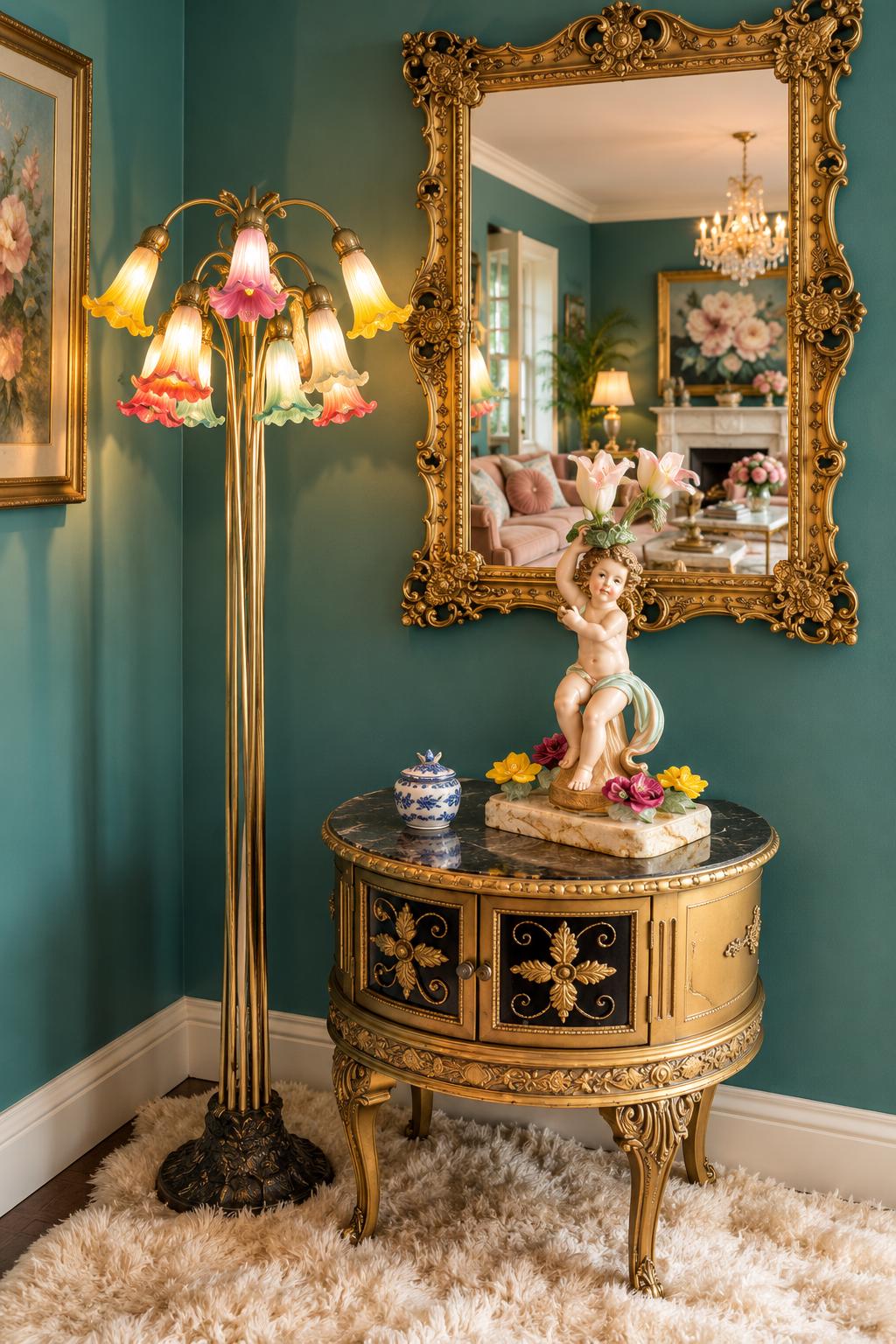 Vintage 1970s Hollywood Regency Floral Floor Lamp With Colorful Glass Shades, Gold Sculptural Statement Lamp