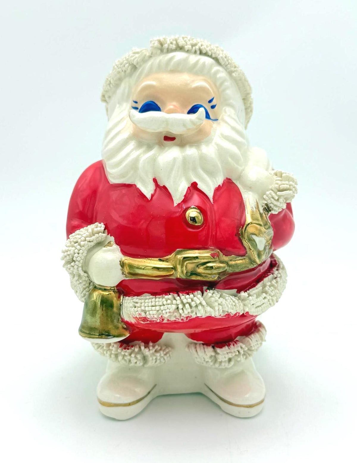 Vintage 1950s1960s Japanese Ceramic Santa Claus Coin Bank, Spaghetti Trim Christmas Decor