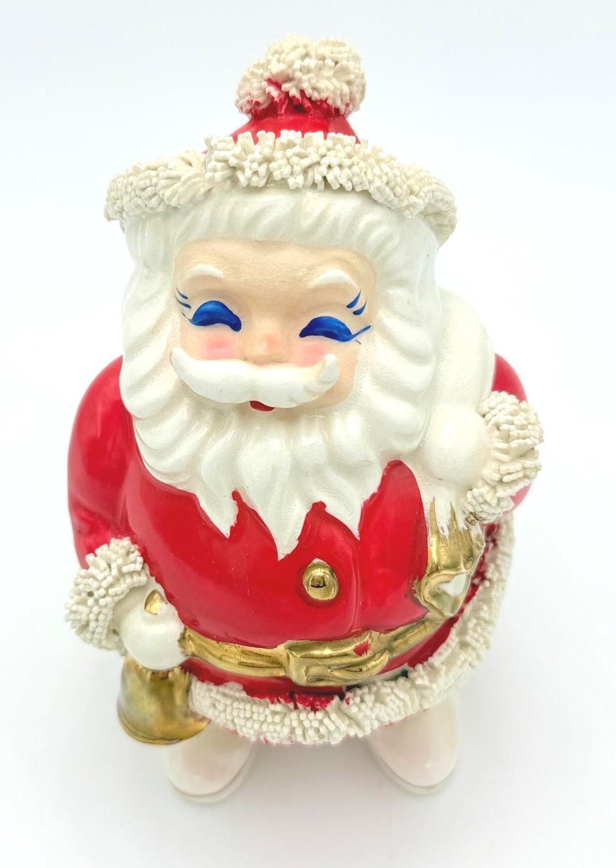 Vintage 1950s1960s Japanese Ceramic Santa Claus Coin Bank, Spaghetti Trim Christmas Decor