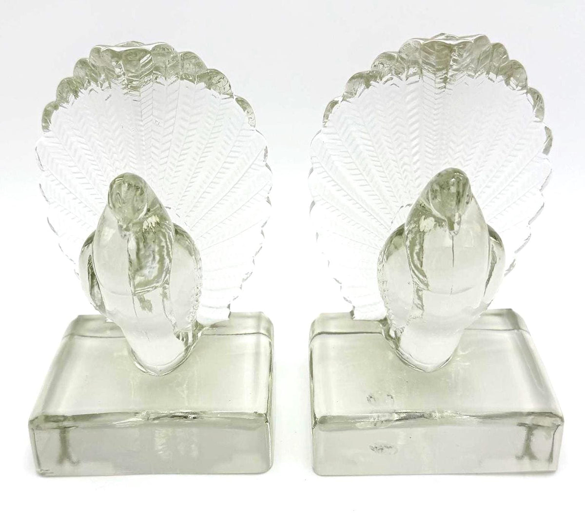 Vintage Czechoslovakian Glass Fantail Pigeon Bookends Pair, Art Deco Clear Glass Bird Sculptures