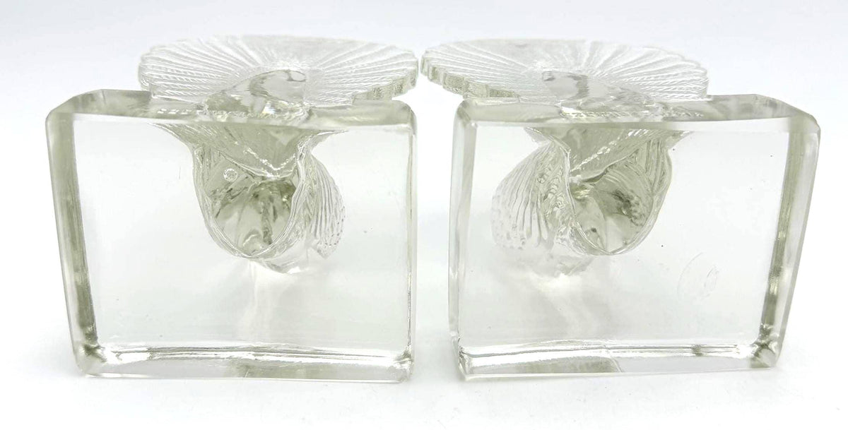 Vintage Czechoslovakian Glass Fantail Pigeon Bookends Pair, Art Deco Clear Glass Bird Sculptures