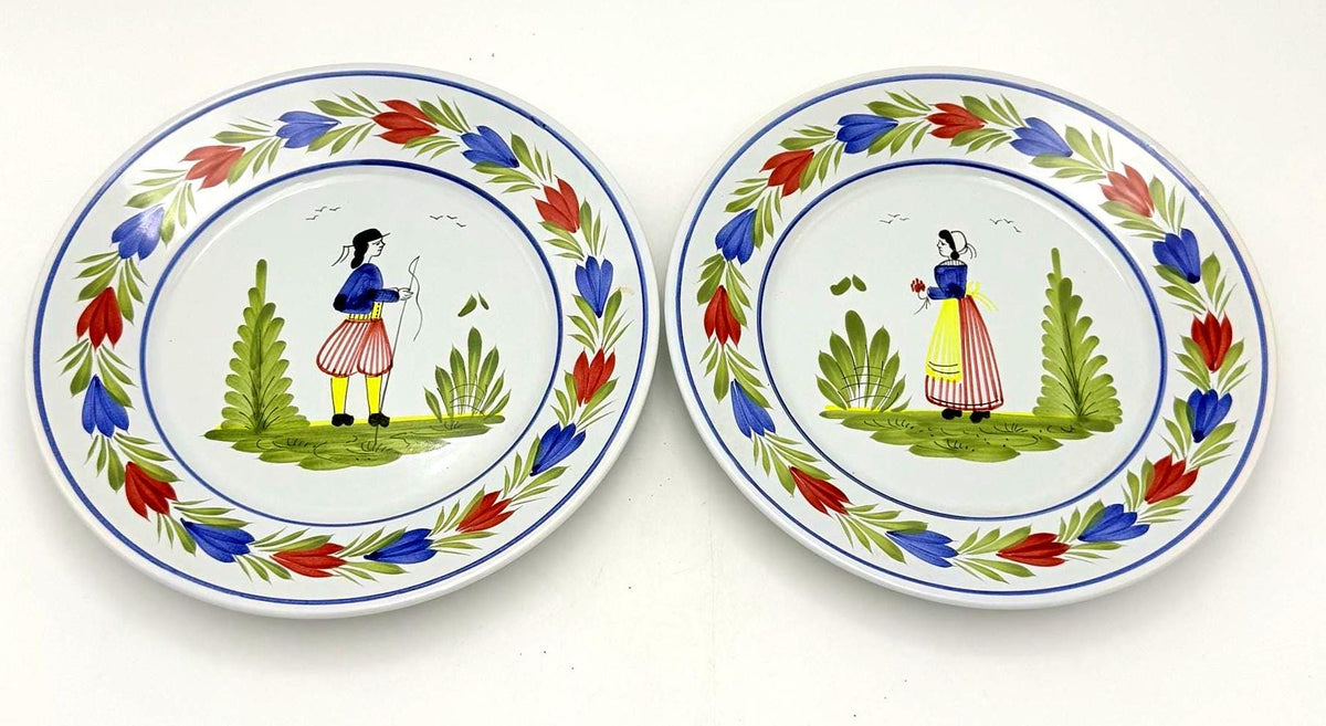 Vintage HB Henriot Quimper French Faience Plates  Hand-Painted Breton Folk Art  Set of 2
