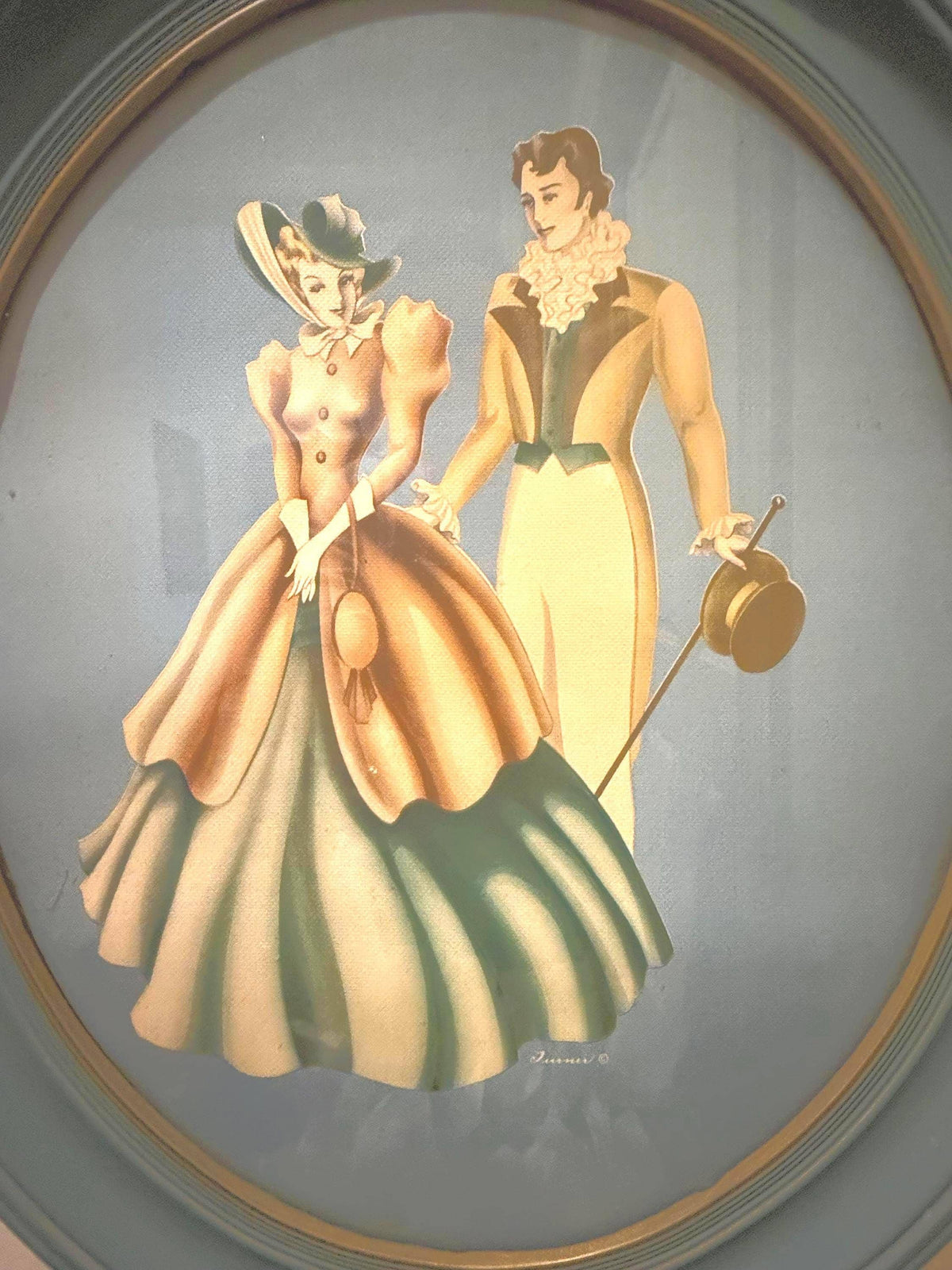 Vintage 1950s Oval Regency Revival Couple Print in Teal Green & Gold Frame  Hollywood Regency Wall Art