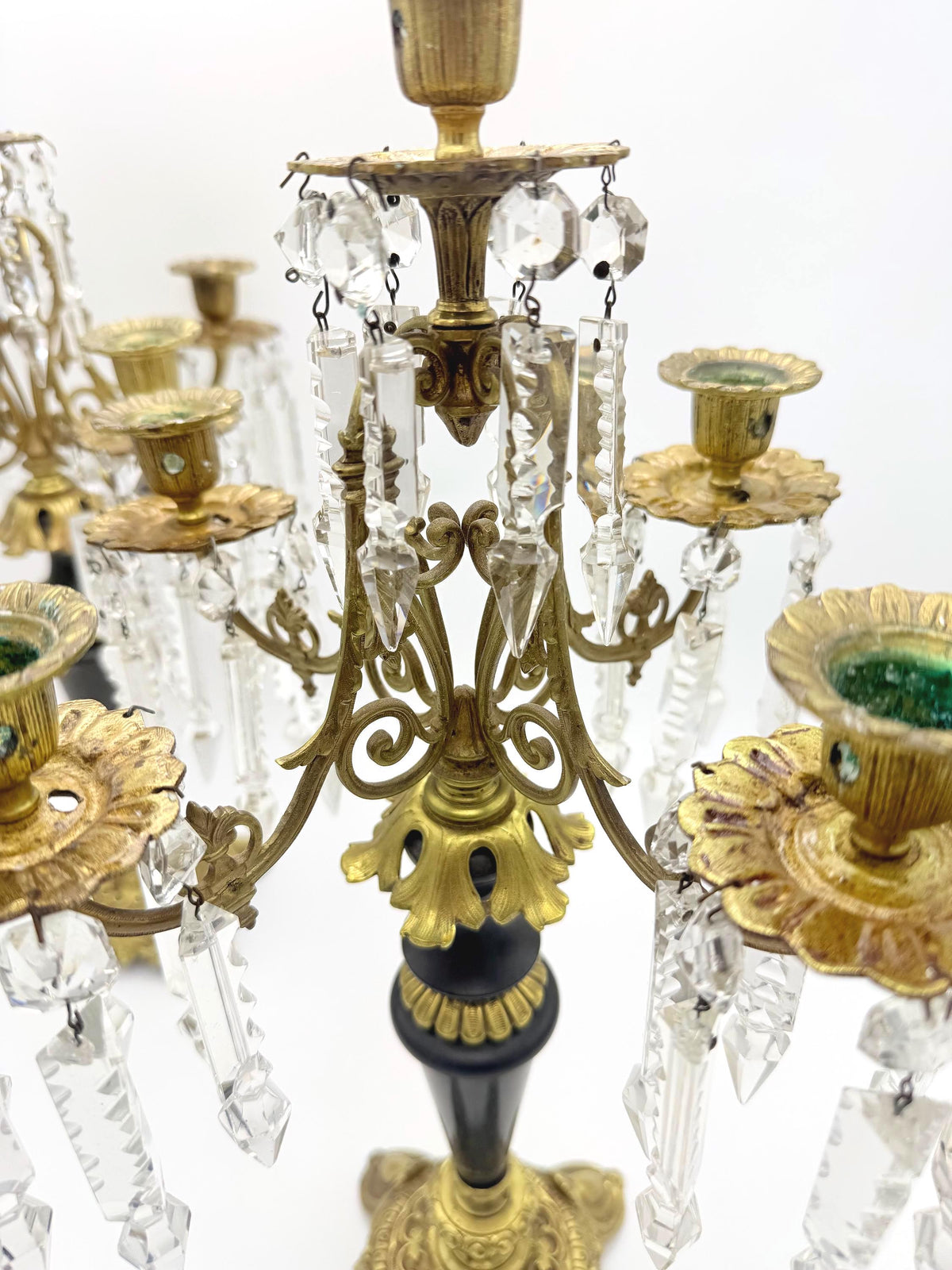 Antique French Empire Style Brass, Crystal Five-Light Girandole Candelabras  Ornate Black & Gold Pair