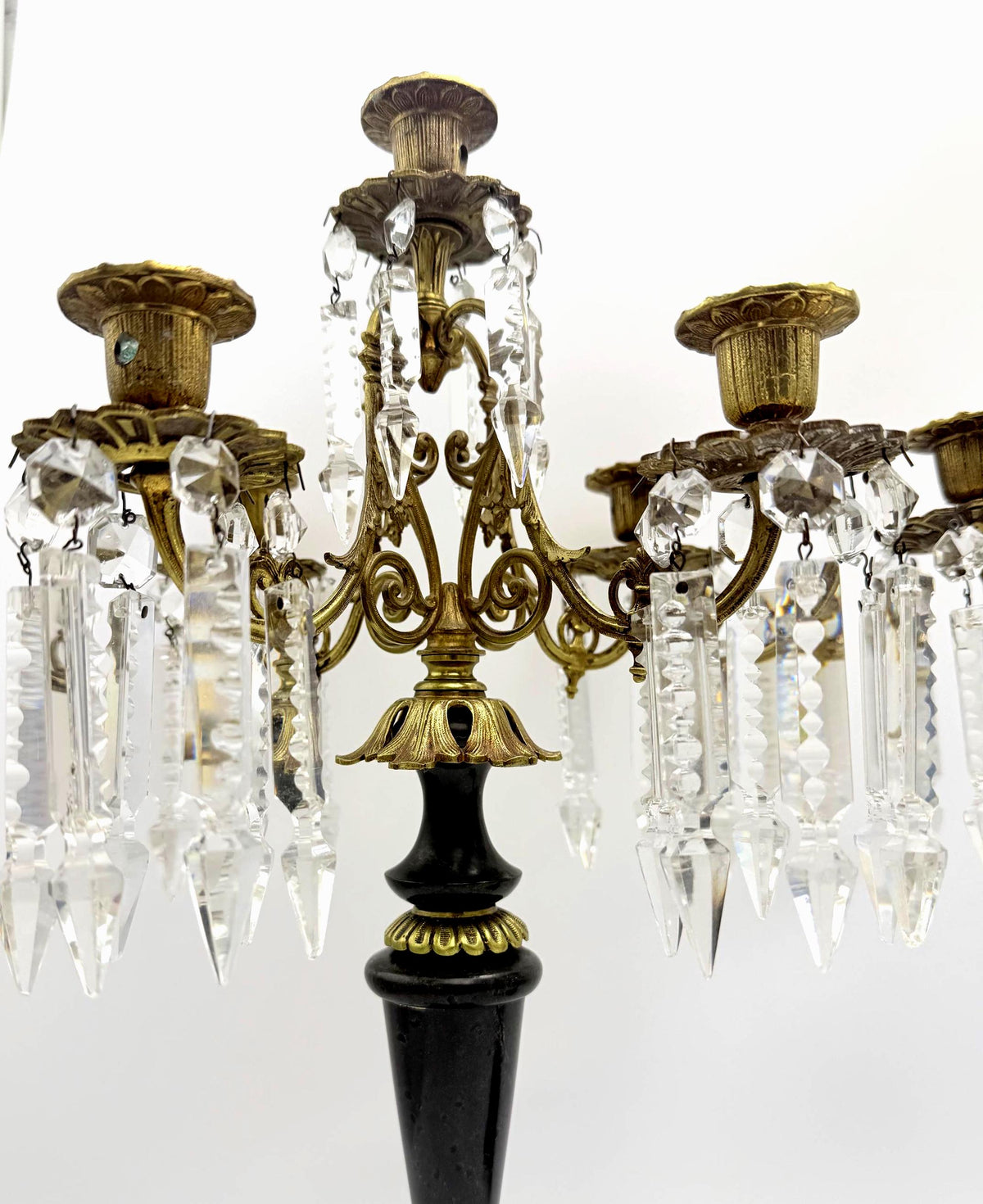 Antique French Empire Style Brass, Crystal Five-Light Girandole Candelabras  Ornate Black & Gold Pair