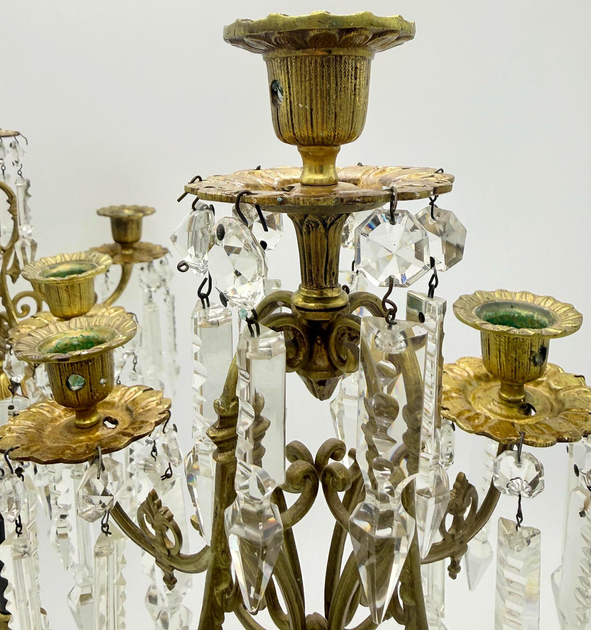Antique French Empire Style Brass, Crystal Five-Light Girandole Candelabras  Ornate Black & Gold Pair