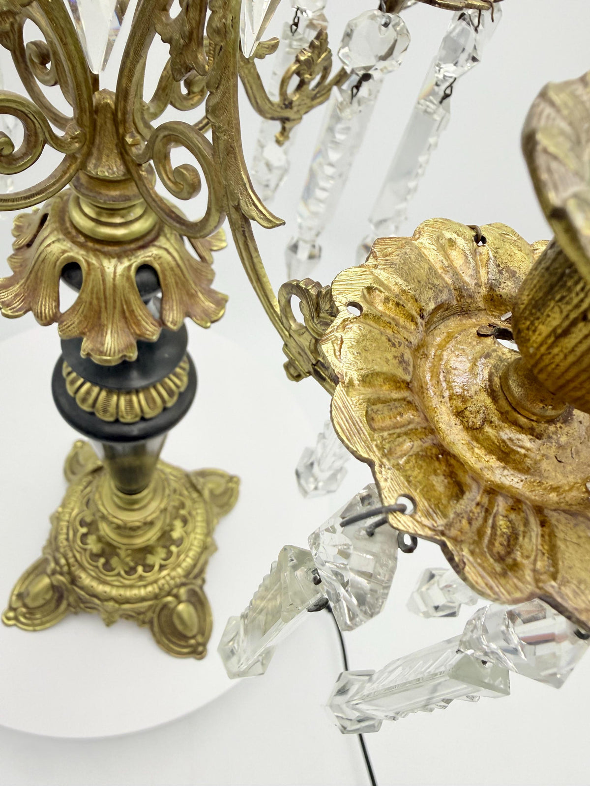 Antique French Empire Style Brass, Crystal Five-Light Girandole Candelabras  Ornate Black & Gold Pair