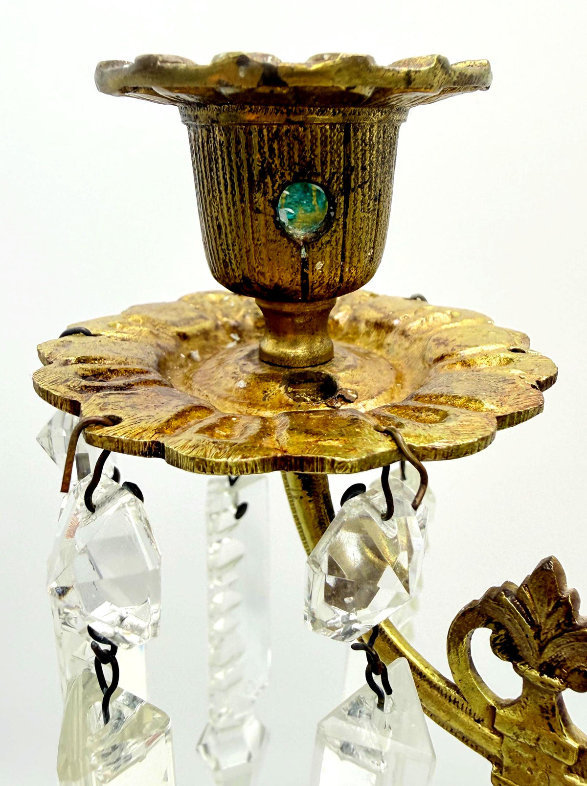 Antique French Empire Style Brass, Crystal Five-Light Girandole Candelabras  Ornate Black & Gold Pair