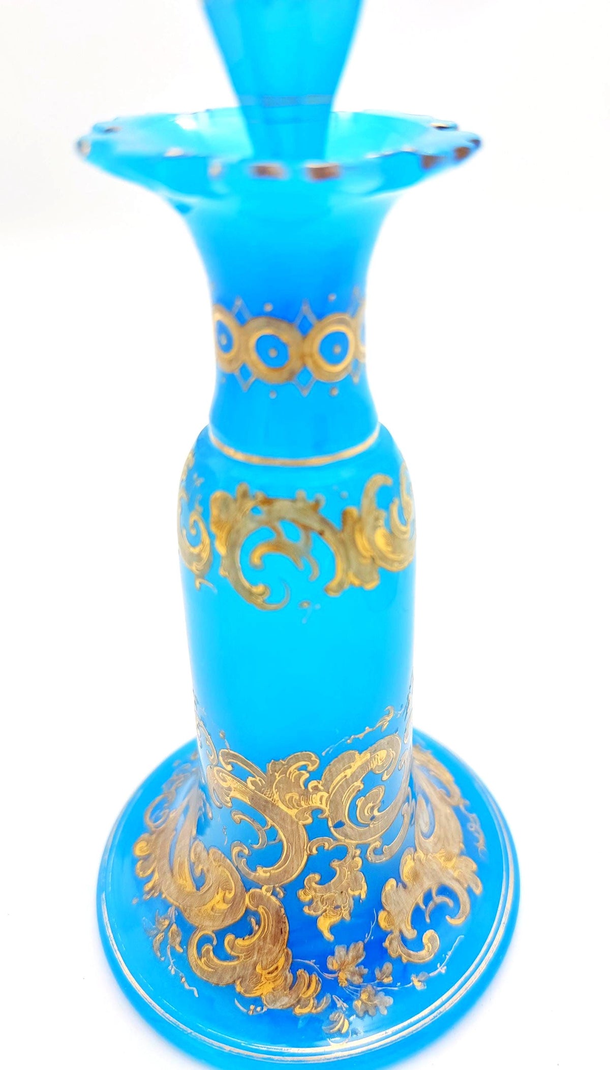 Antique French Blue Opaline Perfume Bottle c. 1860  Napoleon III Gilt Rococo Flacon with Flame Stopper