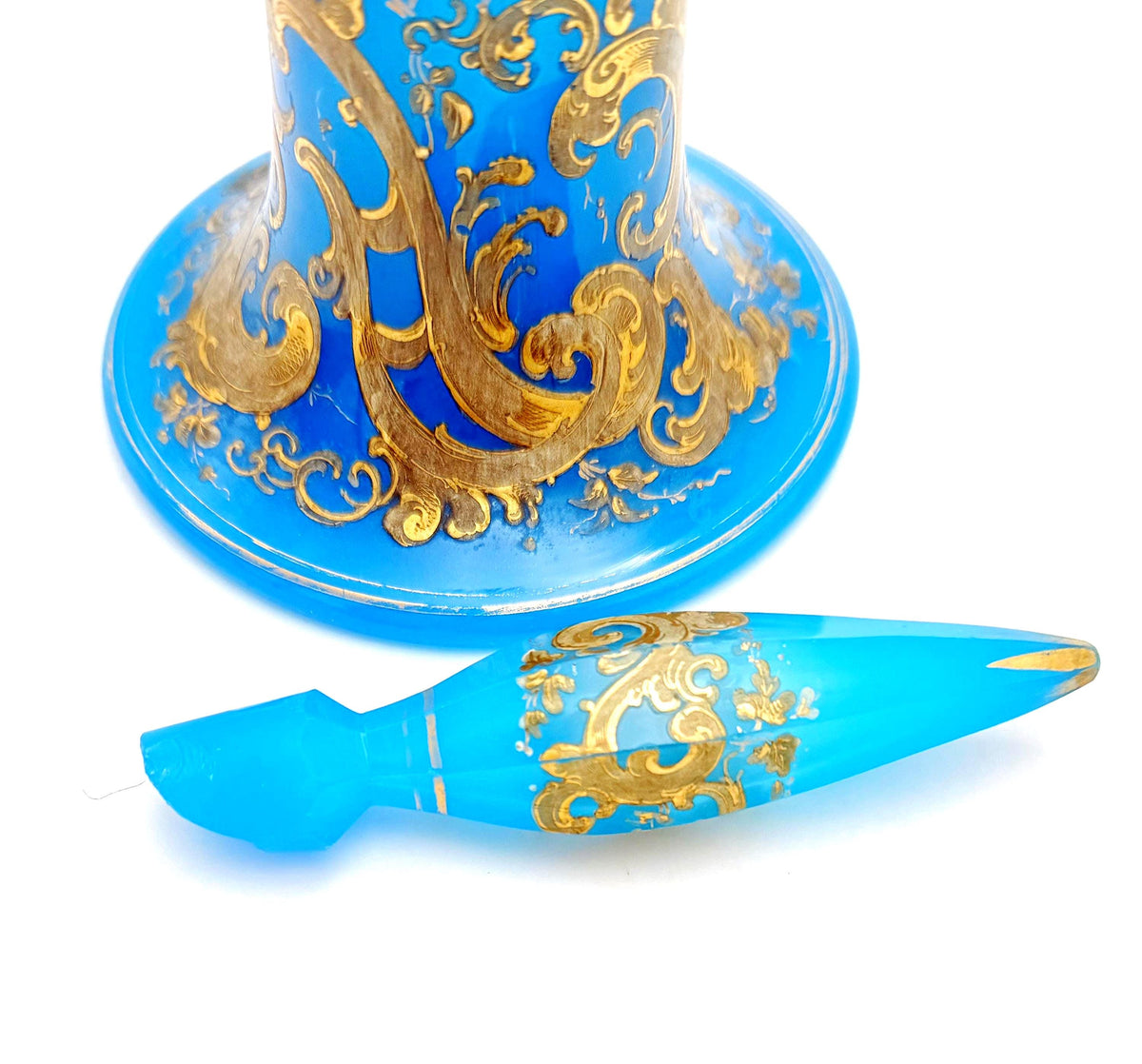 Antique French Blue Opaline Perfume Bottle c. 1860  Napoleon III Gilt Rococo Flacon with Flame Stopper