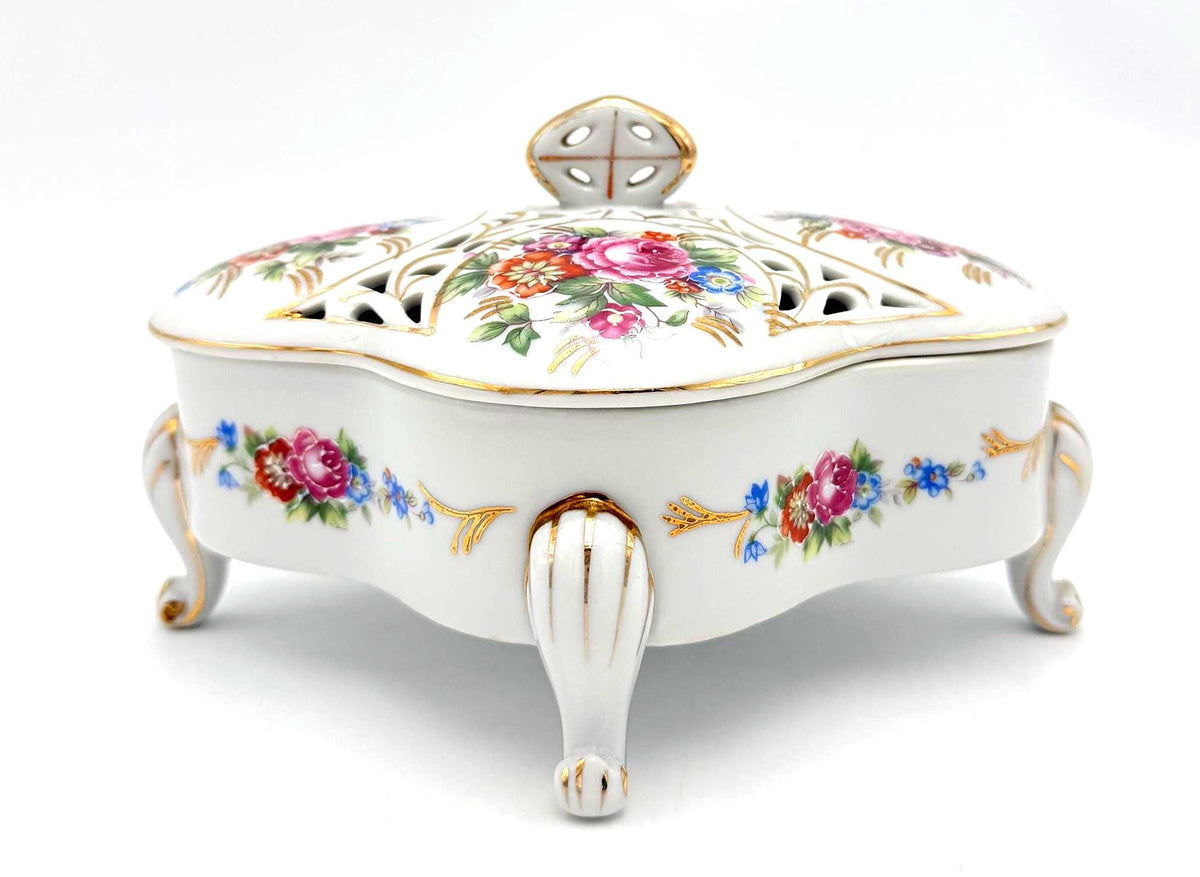 Vintage Dresden Style Porcelain Potpourri Box, Pierced Floral Lid, Rococo Footed Trinket Box