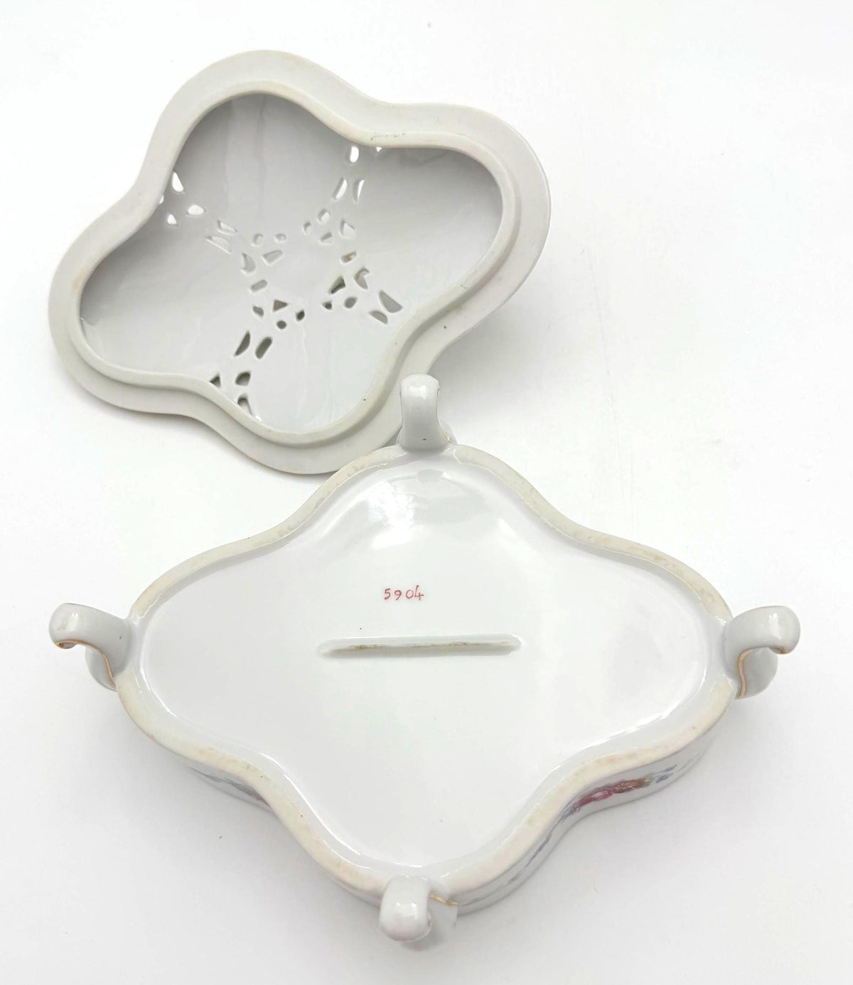 Vintage Dresden Style Porcelain Potpourri Box, Pierced Floral Lid, Rococo Footed Trinket Box
