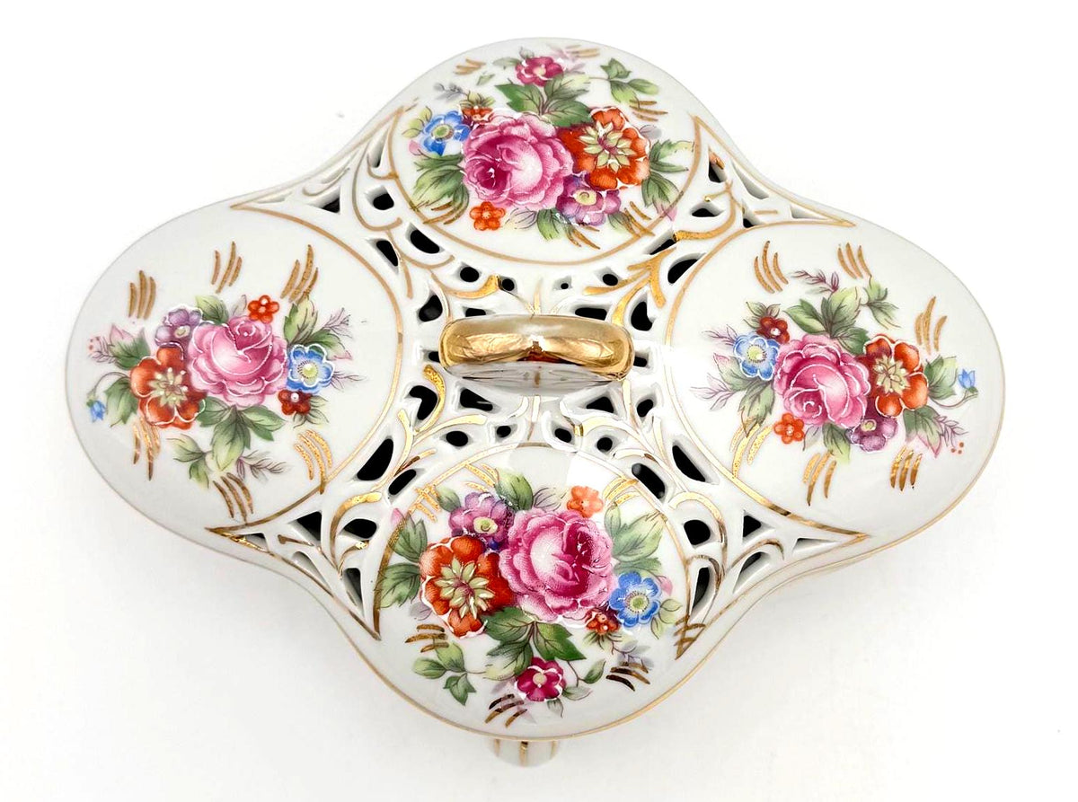 Vintage Dresden Style Porcelain Potpourri Box, Pierced Floral Lid, Rococo Footed Trinket Box