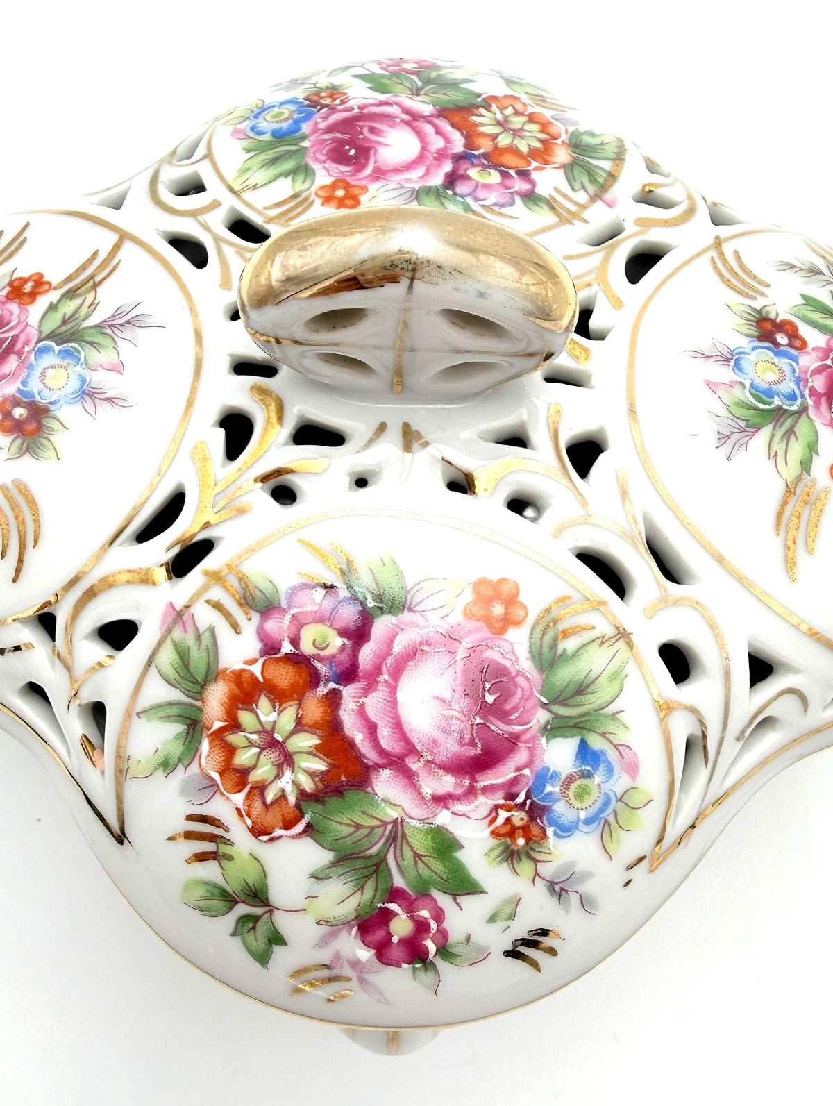 Vintage Dresden Style Porcelain Potpourri Box, Pierced Floral Lid, Rococo Footed Trinket Box