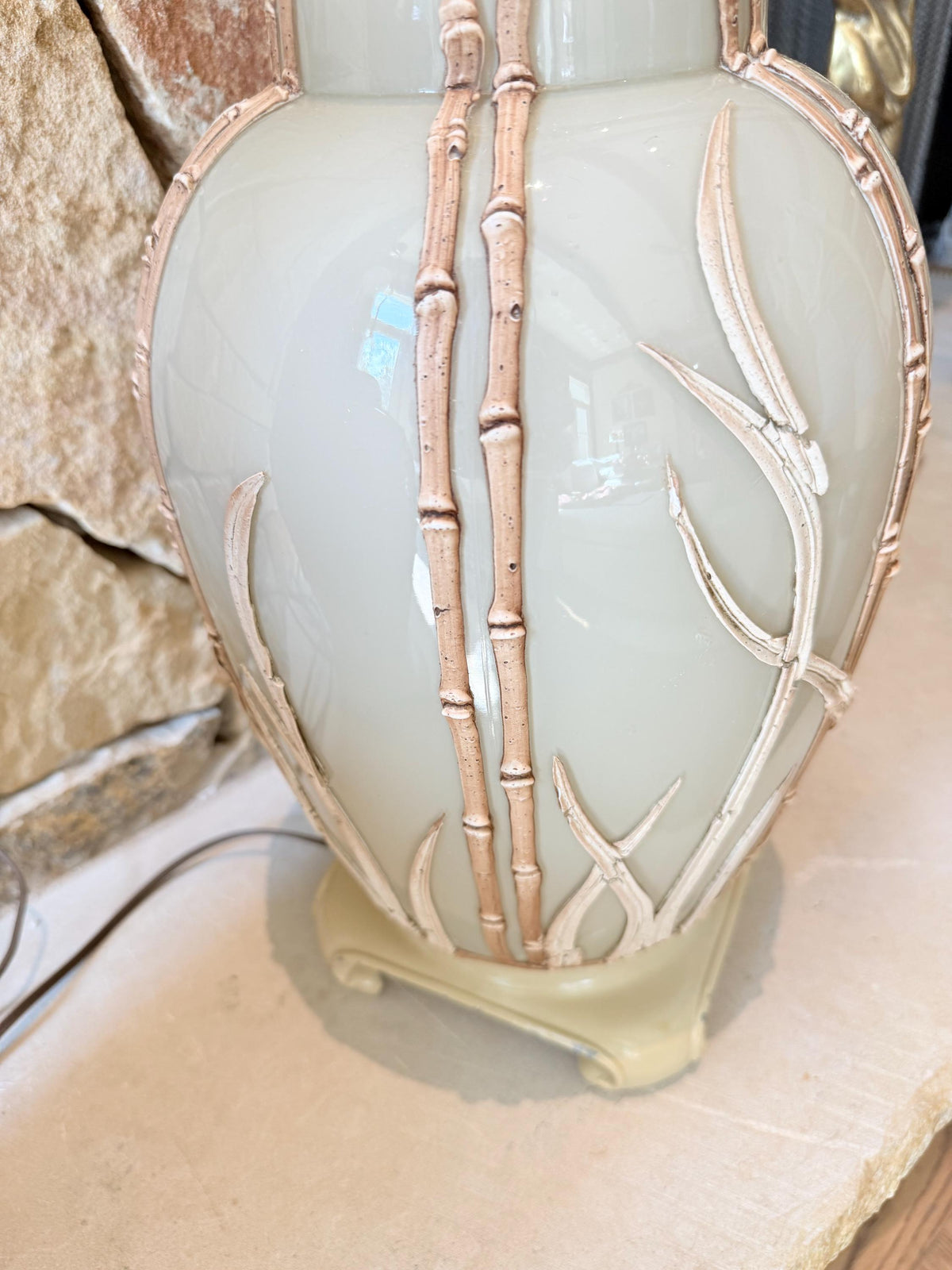 Vintage Hollywood Regency Sage Green Ceramic Bamboo Table Lamps  Sculptural Botanical Matching Pair