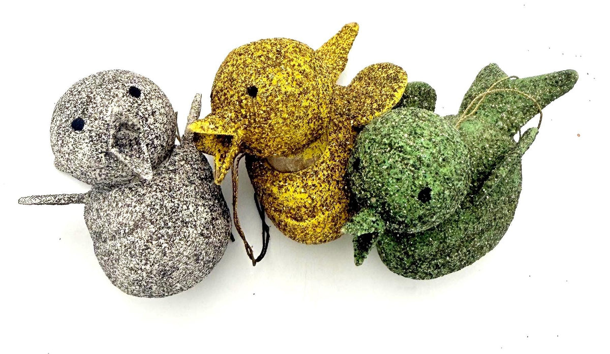 Vintage Glitter Bird Candy Container Christmas Ornaments Set of 3, Mid Century Putz Style Holiday Decor