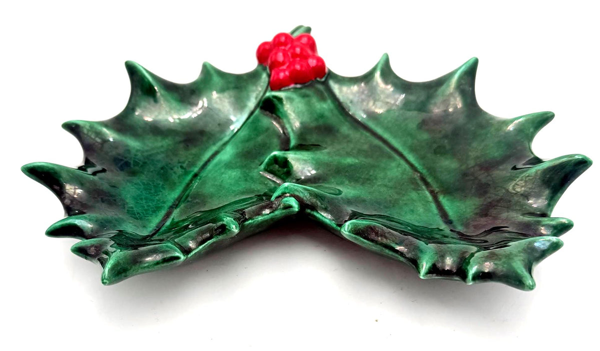 Vintage Ceramic Holly Leaf and Red Berry Christmas Decoration, Sculptural Holiday Décor
