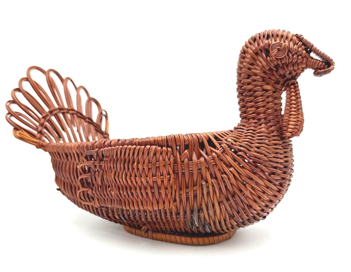 Vintage Handwoven Wicker Turkey Basket, 1970s1980s Cottagecore Thanksgiving Centerpiece & Harvest Décor