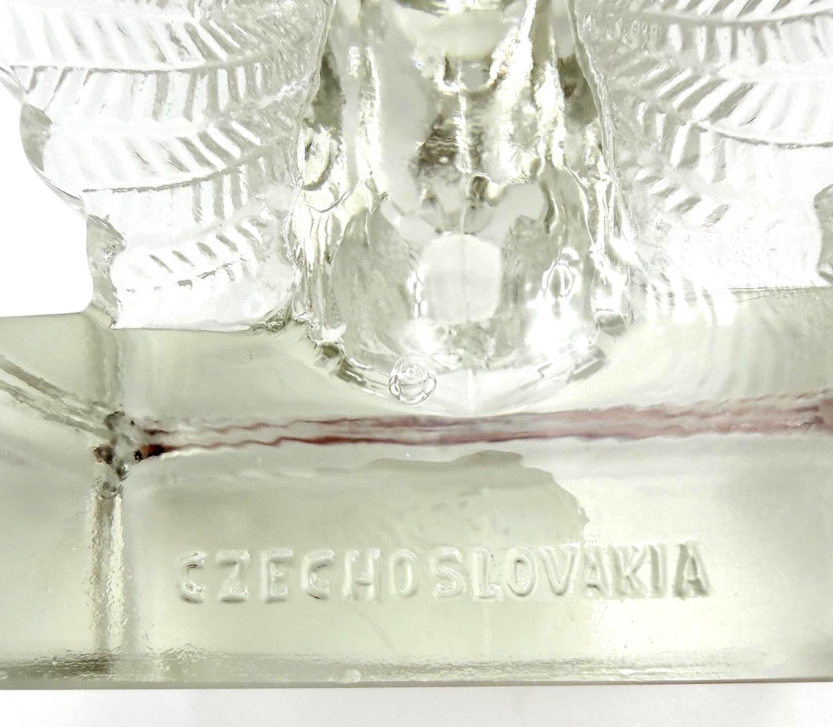 Vintage Czechoslovakian Glass Fantail Pigeon Bookends Pair, Art Deco Clear Glass Bird Sculptures