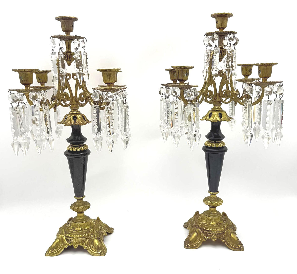 Antique French Empire Style Brass, Crystal Five-Light Girandole Candelabras  Ornate Black & Gold Pair