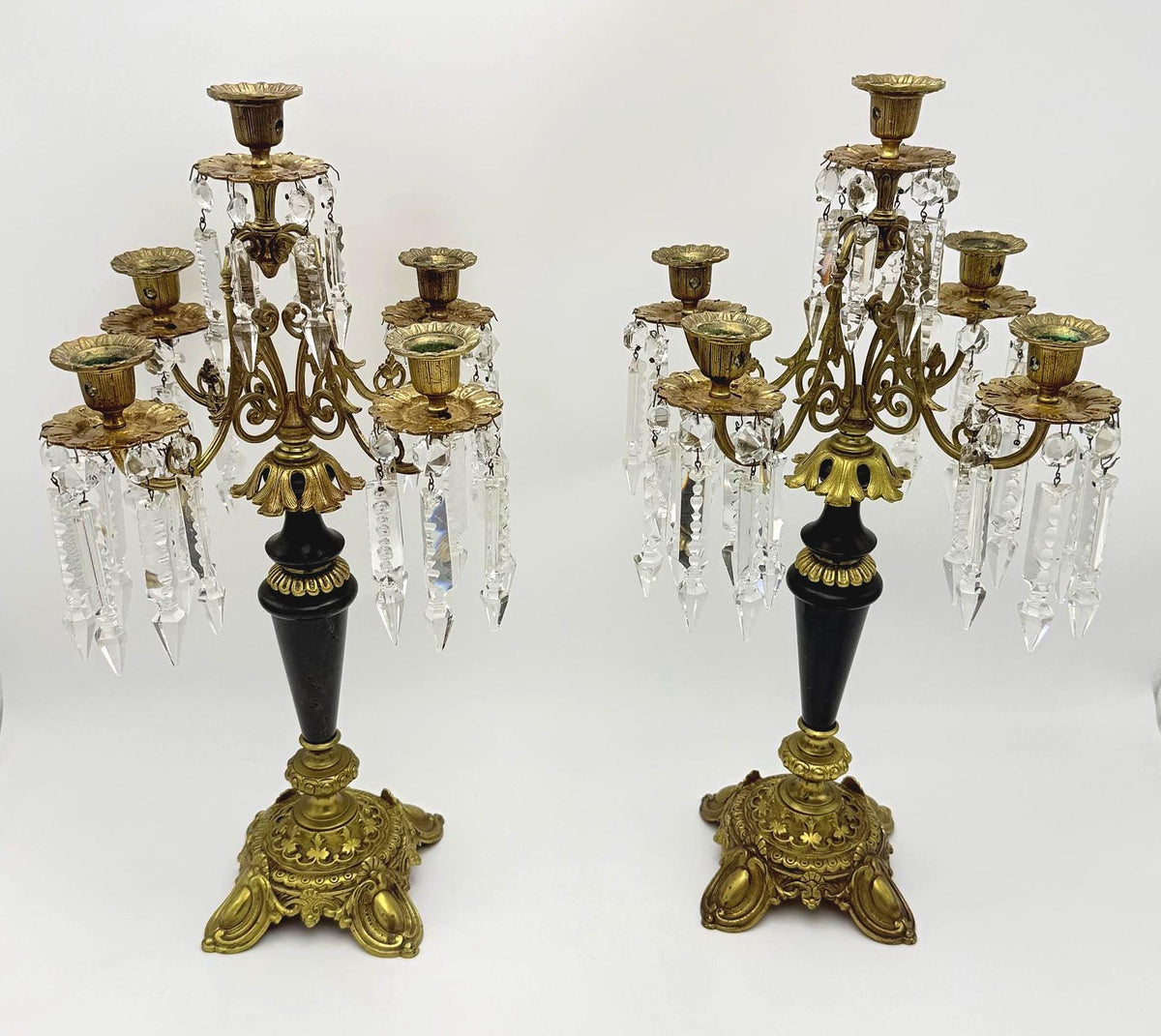 Antique French Empire Style Brass, Crystal Five-Light Girandole Candelabras  Ornate Black & Gold Pair