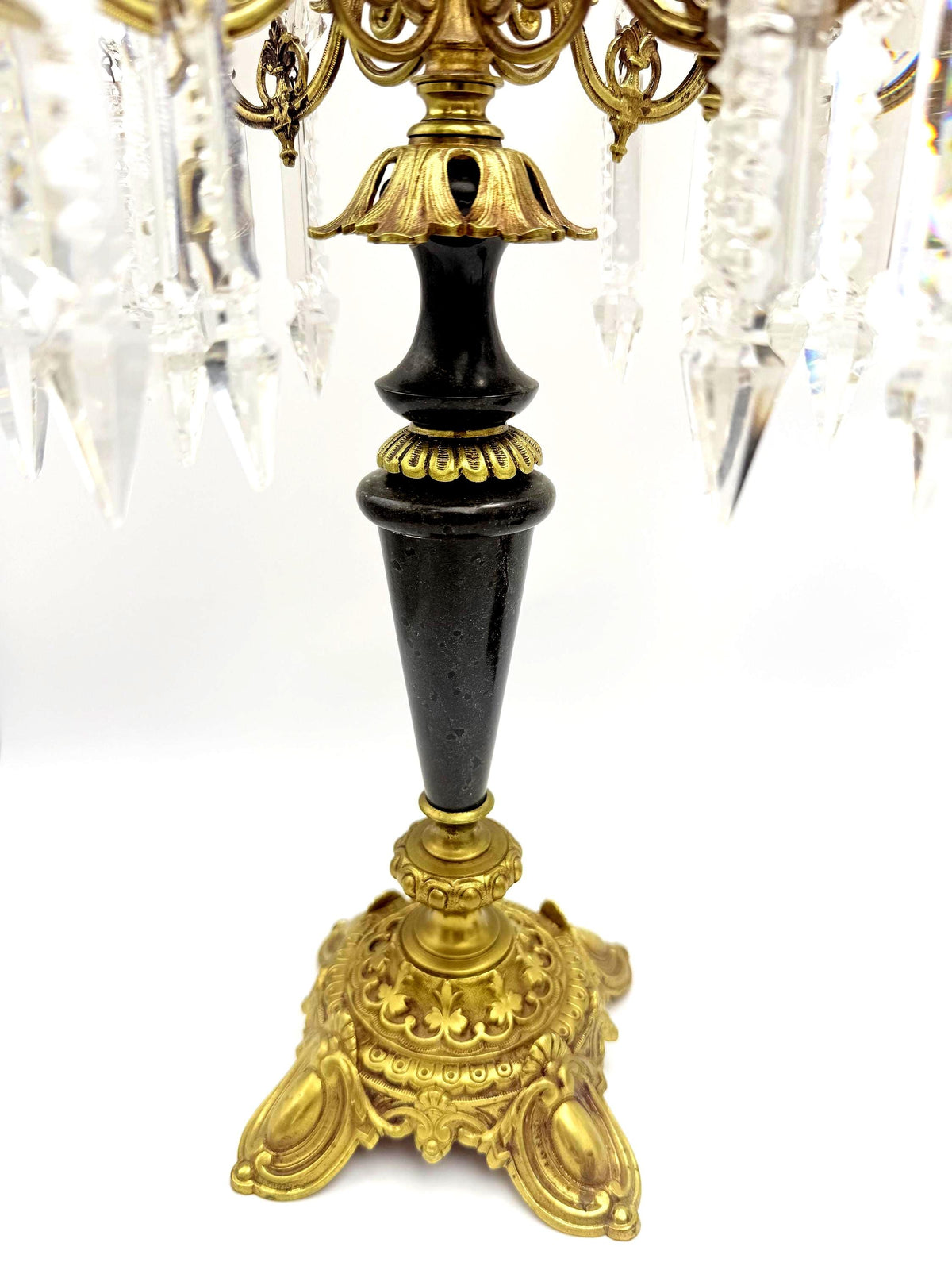 Antique French Empire Style Brass, Crystal Five-Light Girandole Candelabras  Ornate Black & Gold Pair