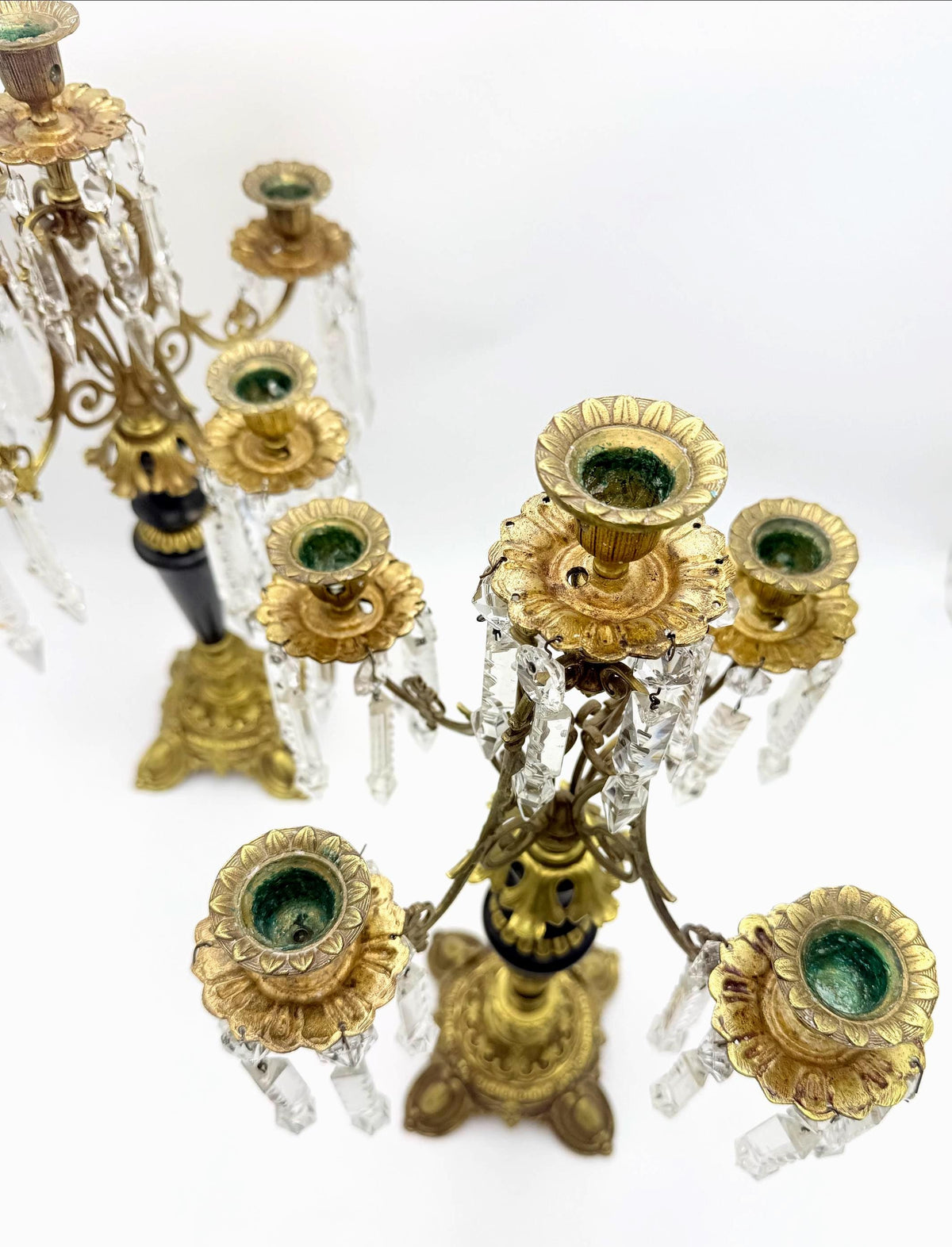 Antique French Empire Style Brass, Crystal Five-Light Girandole Candelabras  Ornate Black & Gold Pair