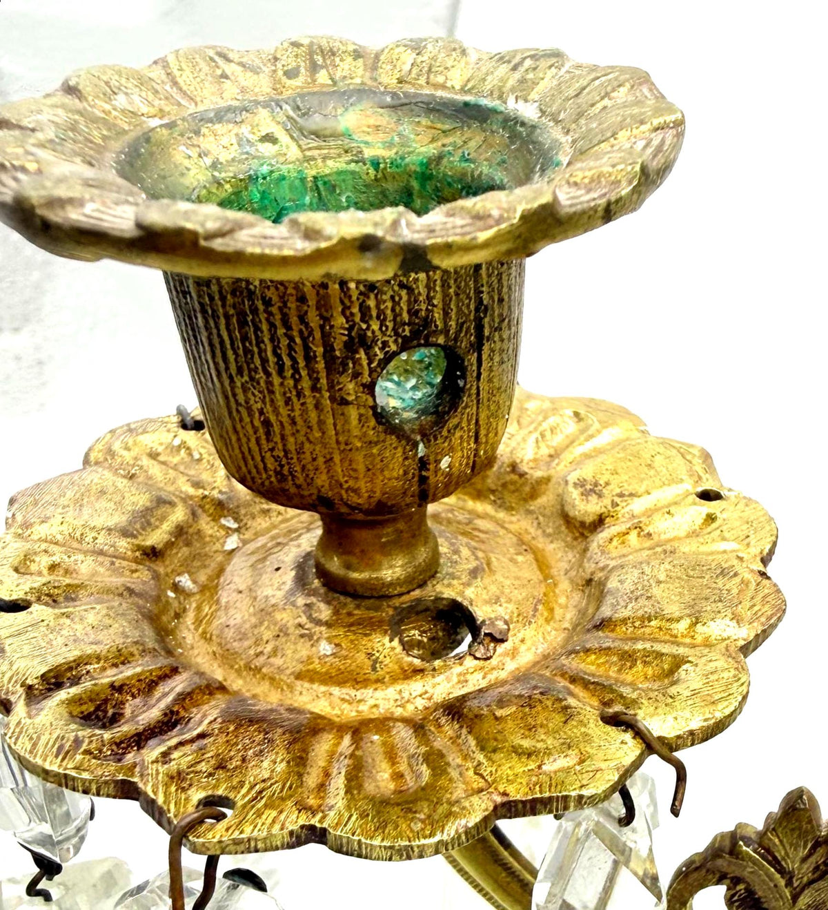 Antique French Empire Style Brass, Crystal Five-Light Girandole Candelabras  Ornate Black & Gold Pair