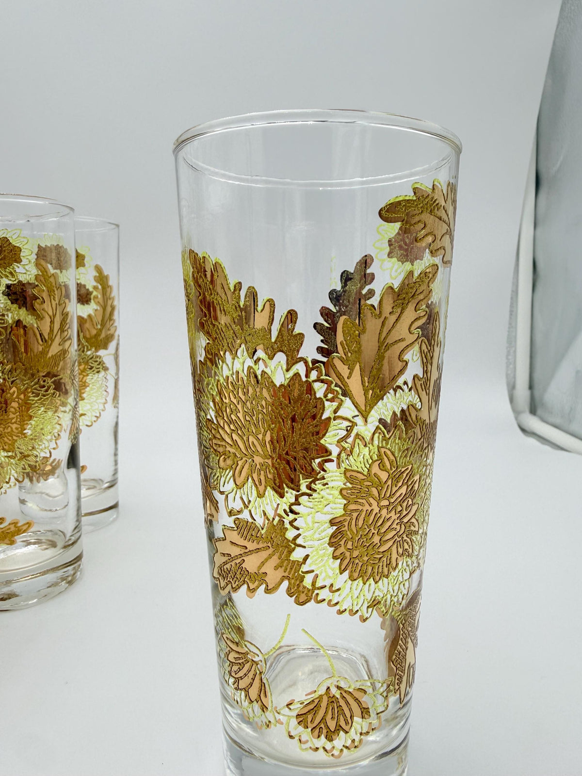 Vintage Bartlett-Collins Pokee Gold Chrysanthemum Highball Glasses  Set of 8 Hollywood Regency