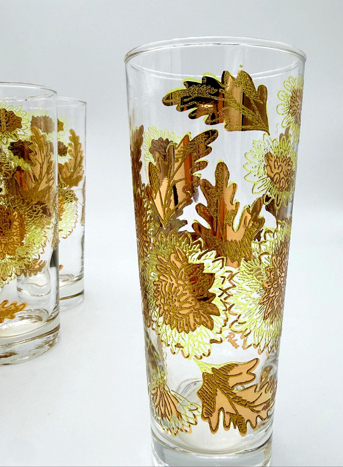 Vintage Bartlett-Collins Pokee Gold Chrysanthemum Highball Glasses  Set of 8 Hollywood Regency
