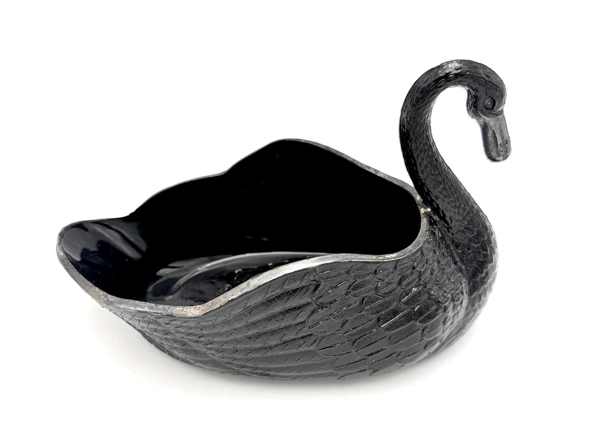 Vintage Black Glass Swan Bowl, Hollywood Regency Decor, Sculptural Glass Centerpiece, Gothic Glamour