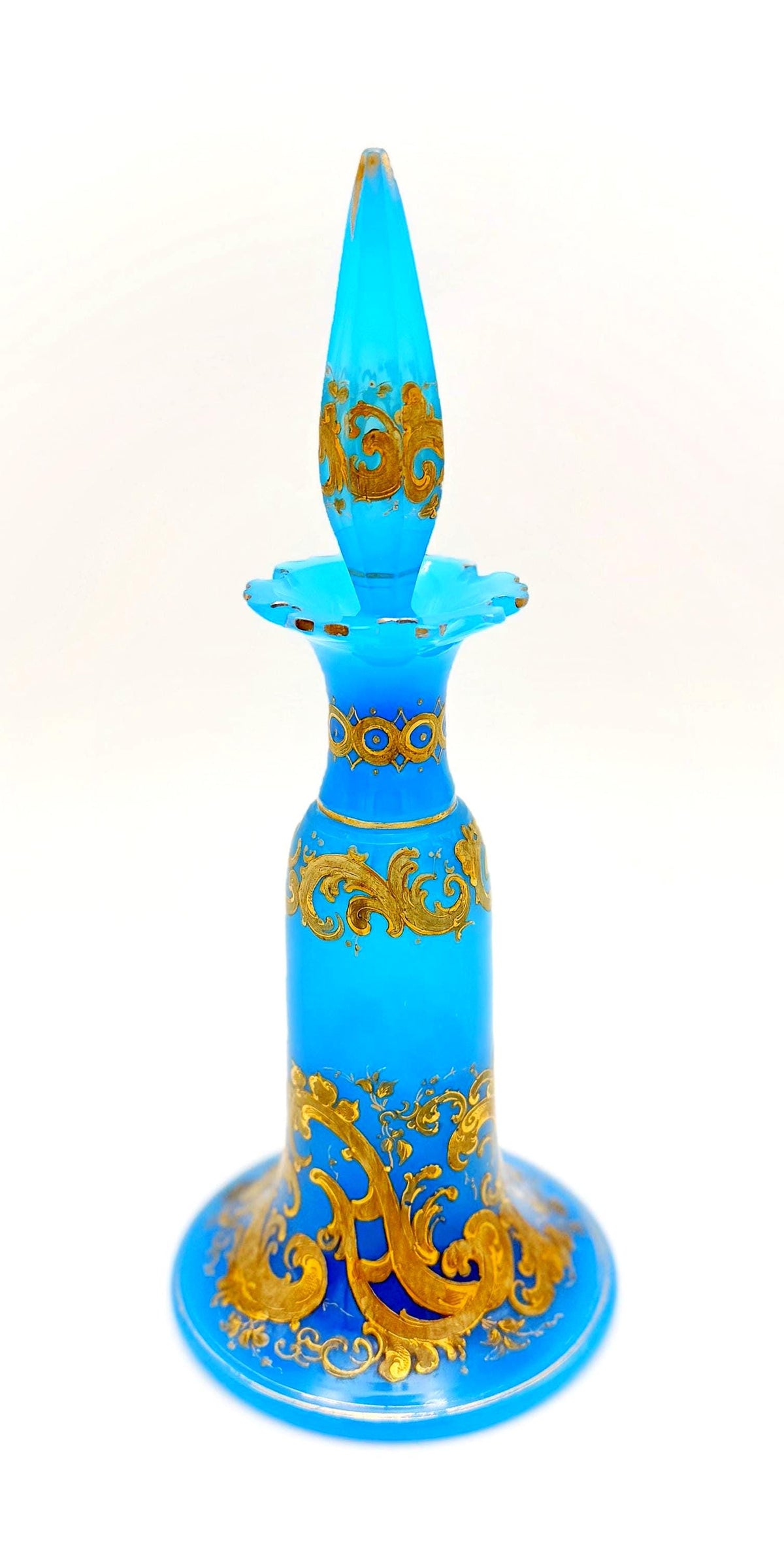 Antique French Blue Opaline Perfume Bottle c. 1860  Napoleon III Gilt Rococo Flacon with Flame Stopper