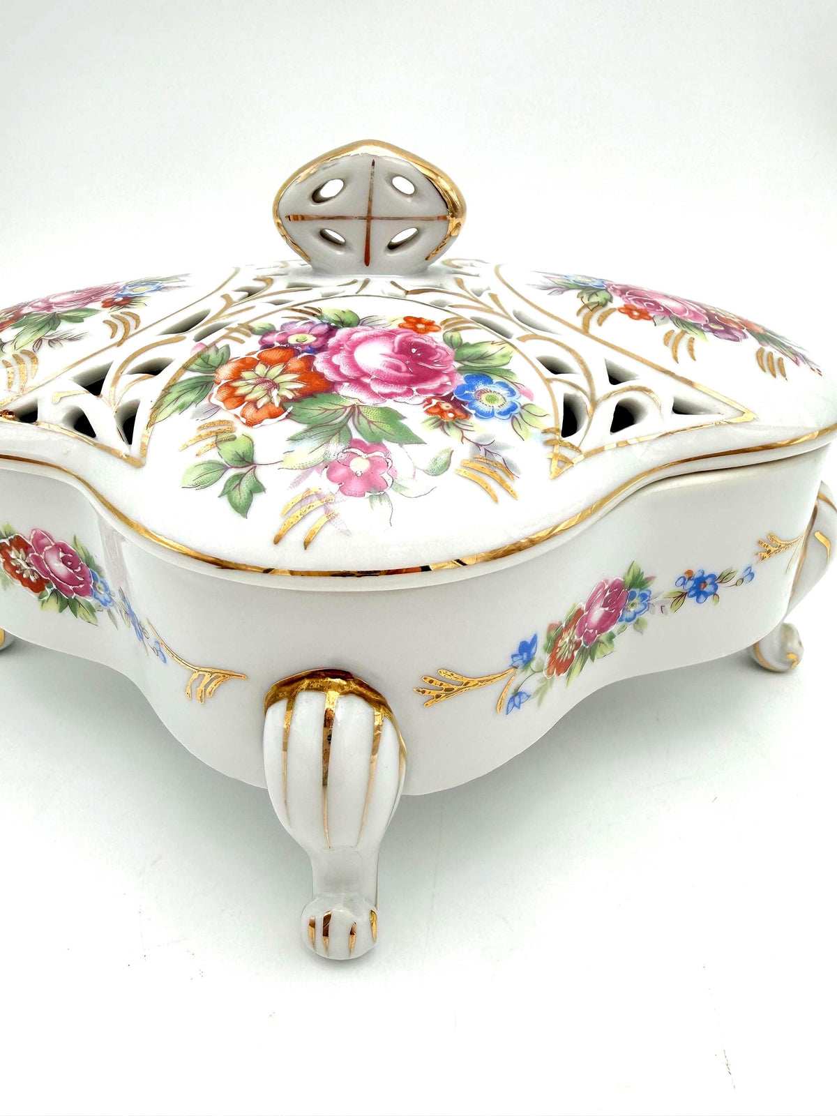 Vintage Dresden Style Porcelain Potpourri Box, Pierced Floral Lid, Rococo Footed Trinket Box