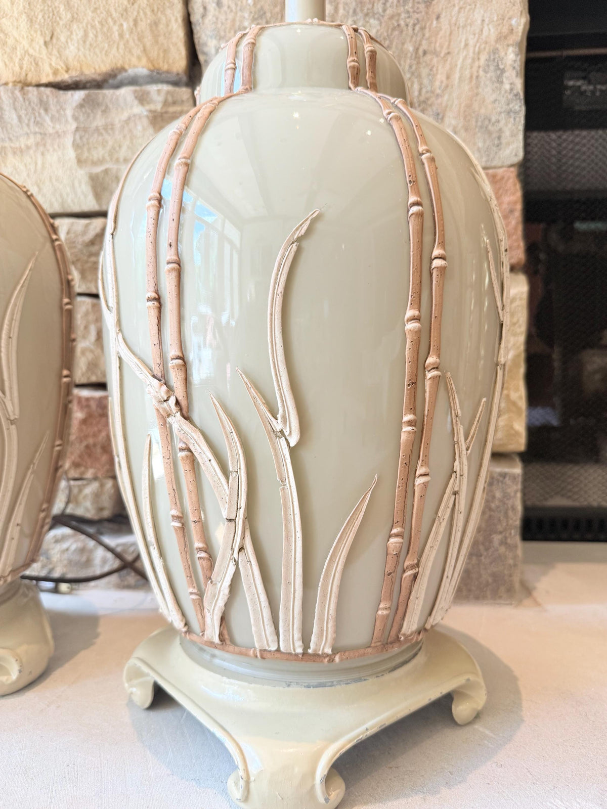 Vintage Hollywood Regency Sage Green Ceramic Bamboo Table Lamps  Sculptural Botanical Matching Pair
