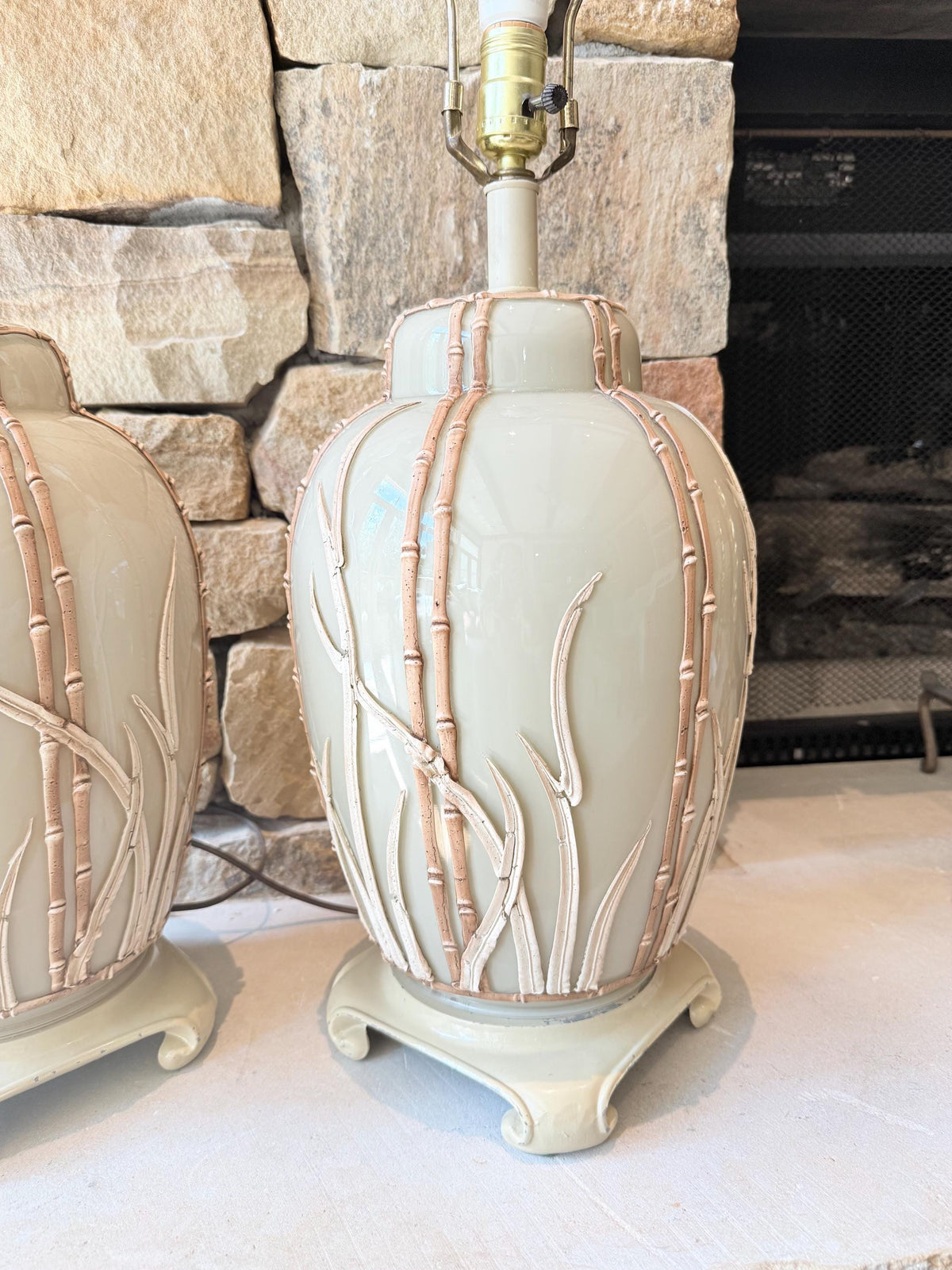 Vintage Hollywood Regency Sage Green Ceramic Bamboo Table Lamps  Sculptural Botanical Matching Pair