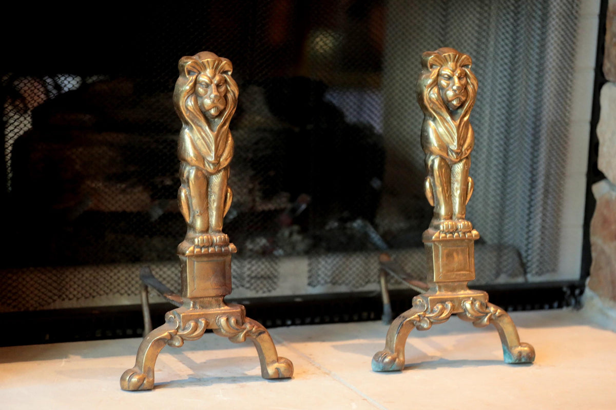 Vintage Solid Brass Lion Fireplace Andirons  Ornate Renaissance Revival Chenets  Pair