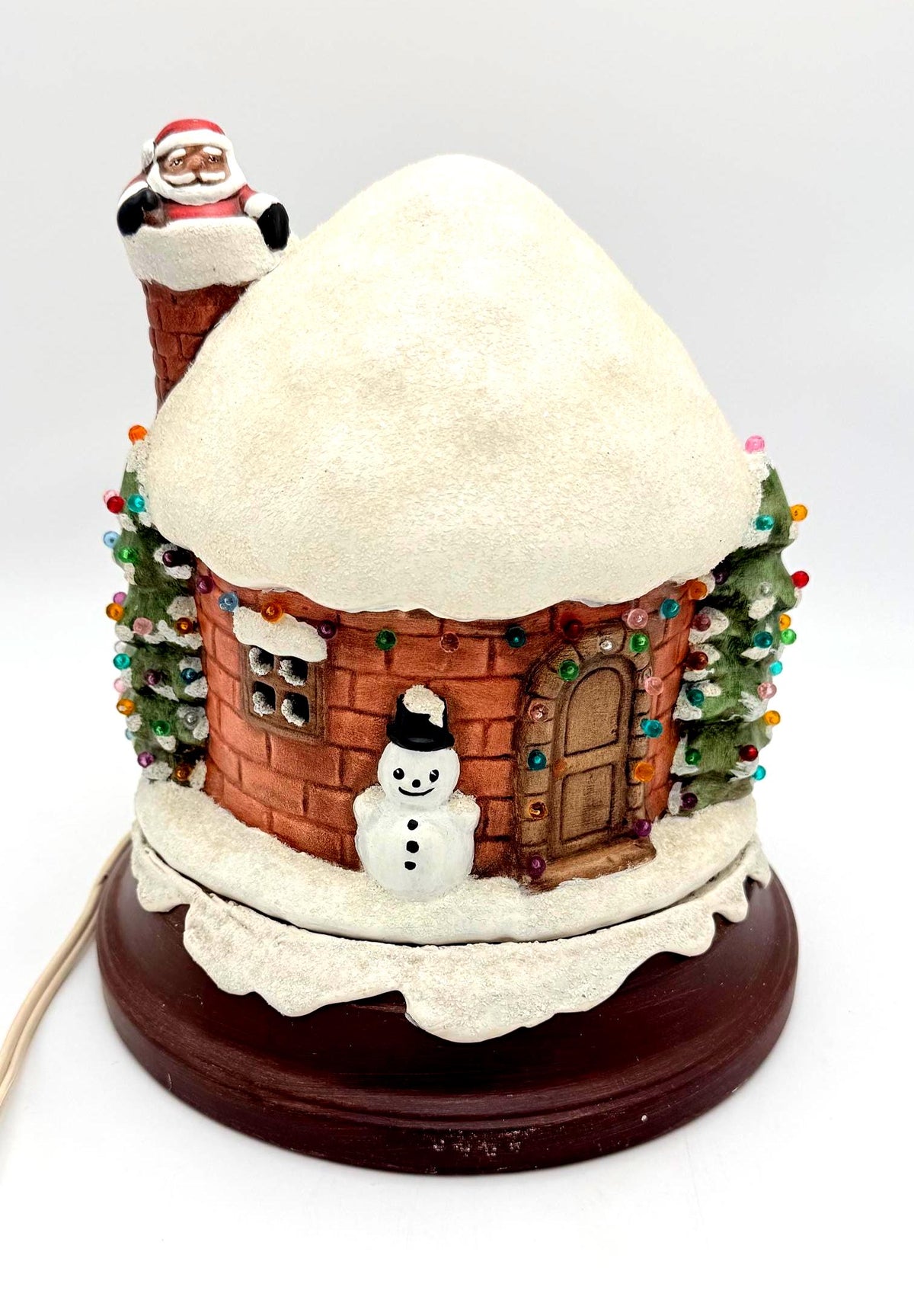Vintage Black Santa Lighted Christmas Cottage, Ceramic Snowman Holiday House, African American Santa Christmas Decor
