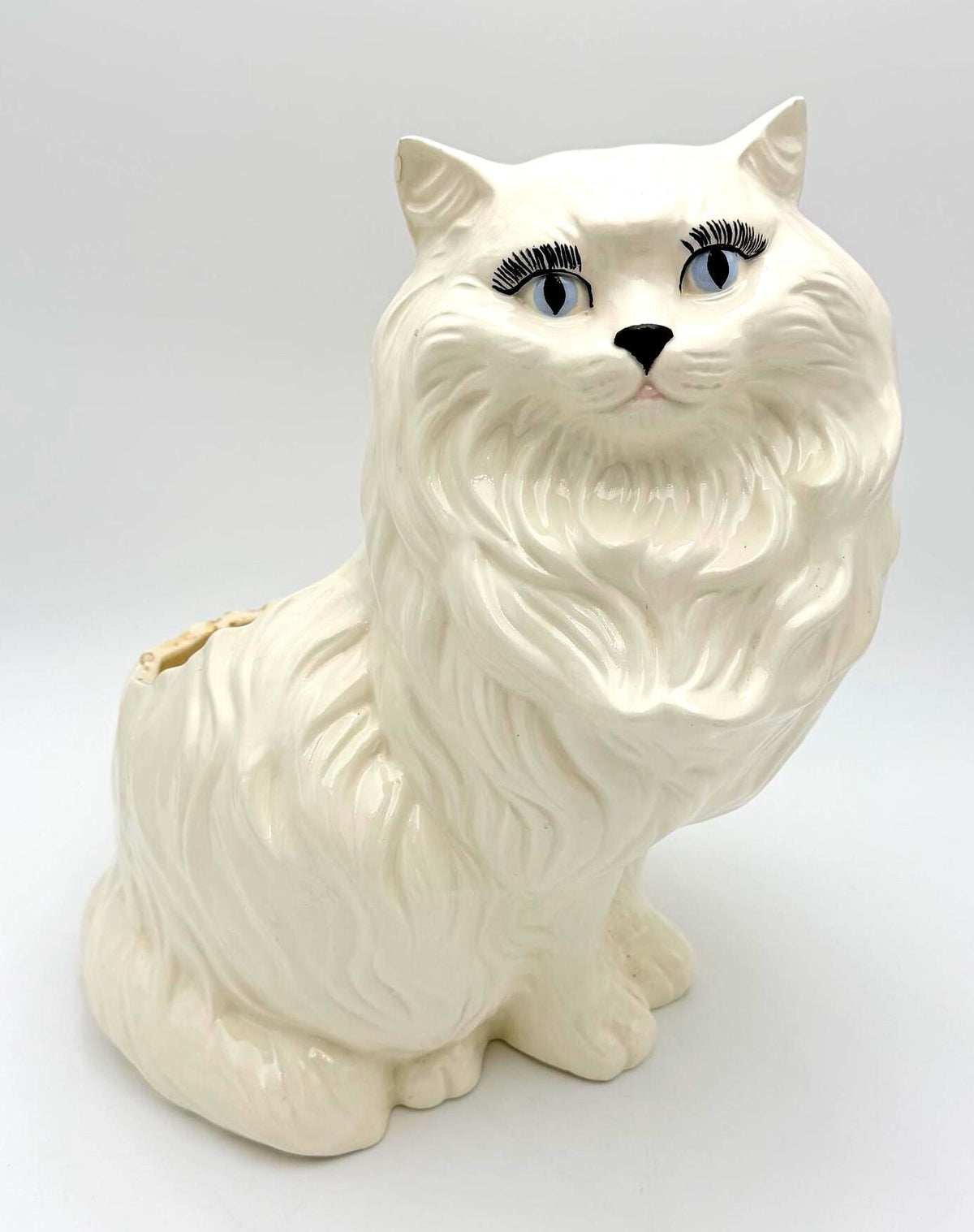 Vintage White Persian Cat Ceramic Planter, Hollywood Regency Longhair Cat Sculpture, Blue Eyes & Dramatic Eyelashes
